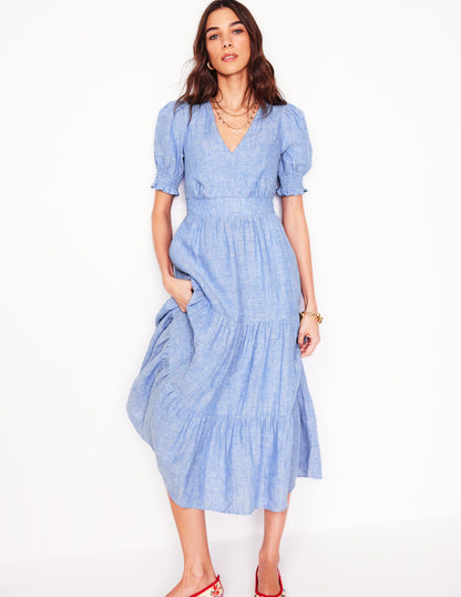 Robe mi-longue Anna en lin volantée-Chambray bleu d'été