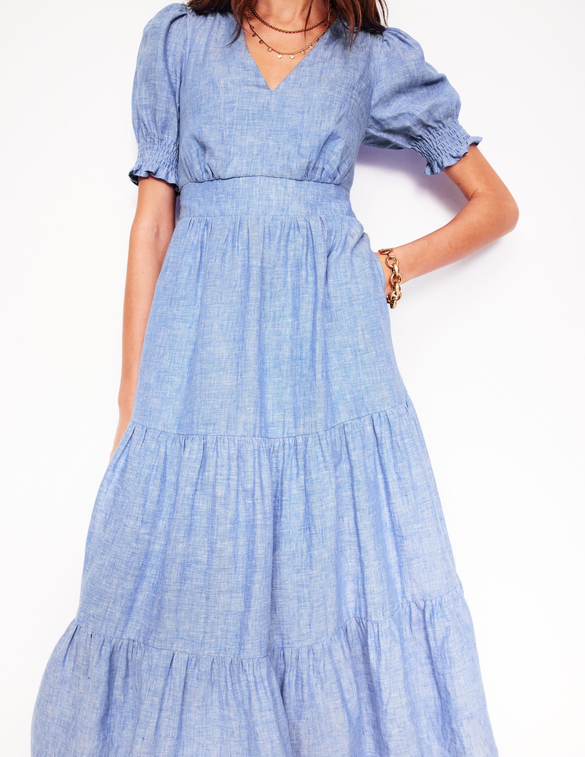 Robe mi-longue Anna en lin volantée-Chambray bleu d'été - Image 2