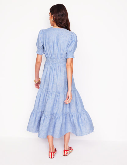 Robe mi-longue Anna en lin volantée-Chambray bleu d'été