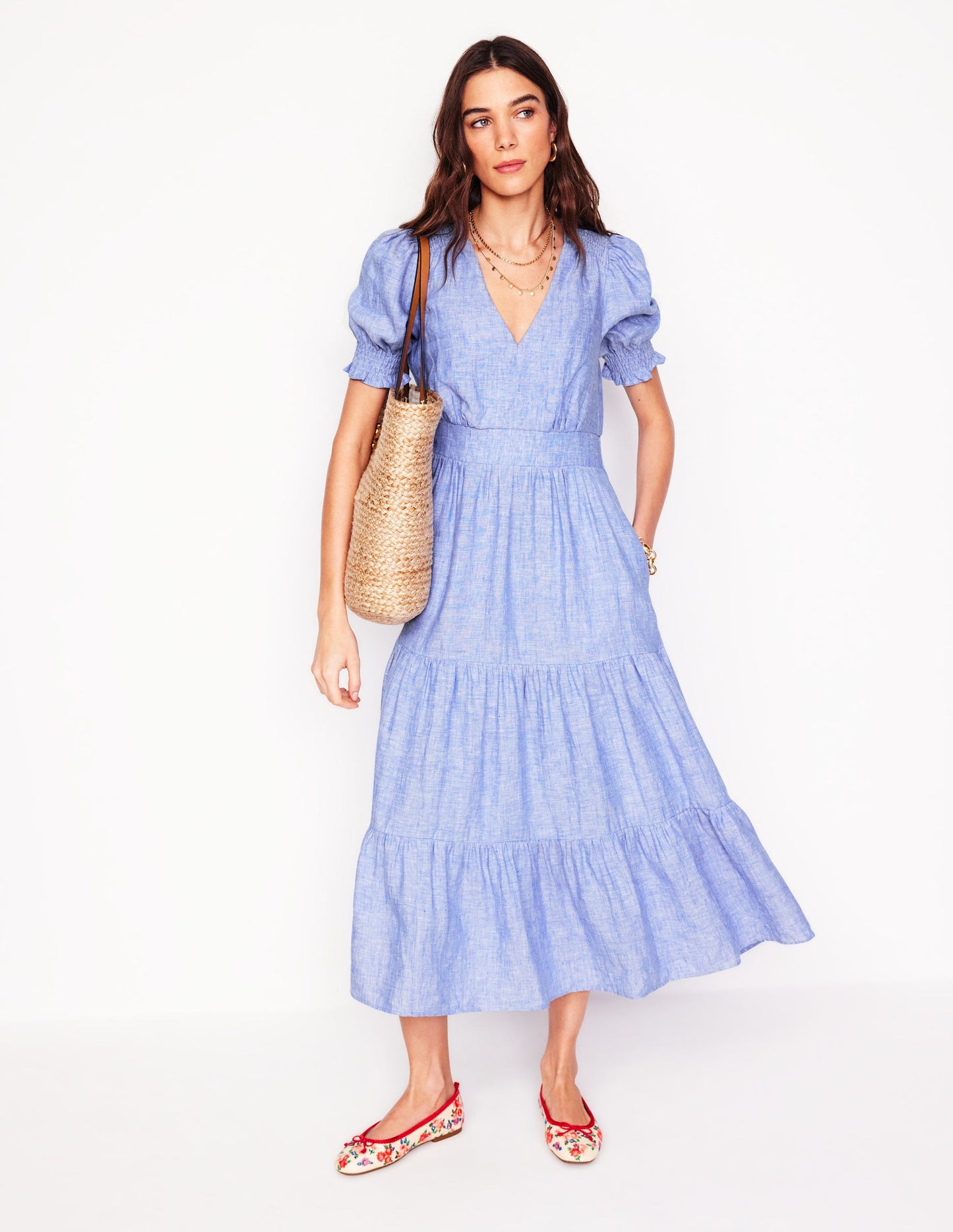 Anna Gestuftes Midikleid aus Leinen-Sommerblau Chambray