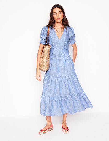 Robe mi-longue Anna en lin volantée-Chambray bleu d'été