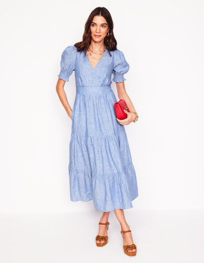 Robe mi-longue Anna en lin volantée-Chambray bleu d'été