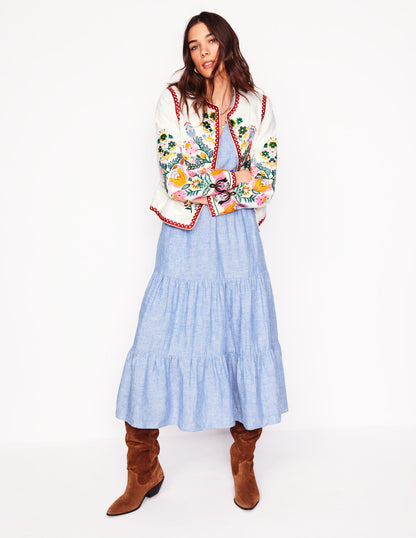 Robe mi-longue Anna en lin volantée-Chambray bleu d'été