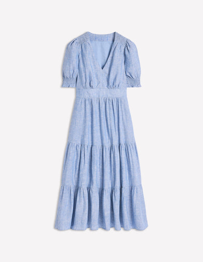 Robe mi-longue Anna en lin volantée-Chambray bleu d'été