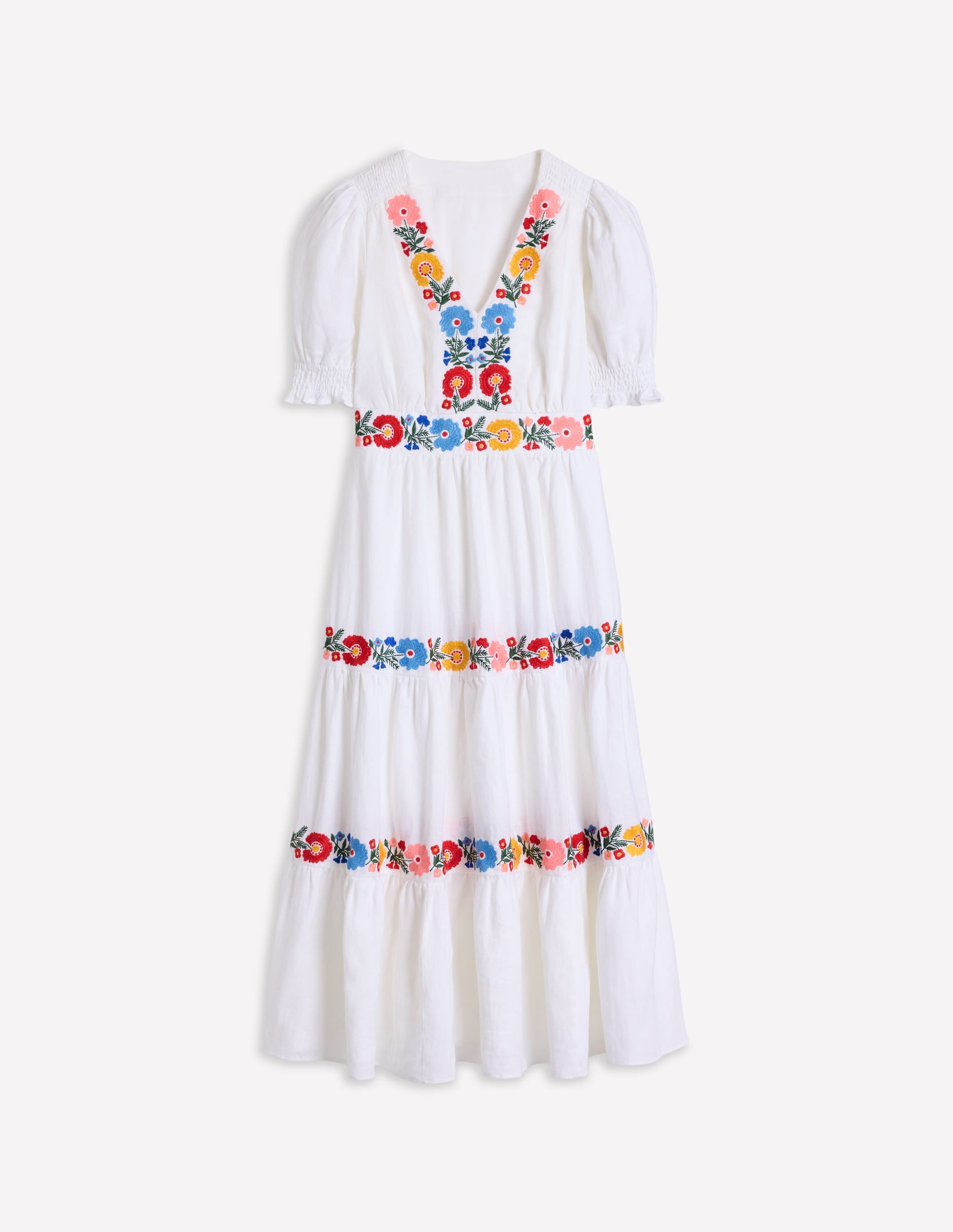 Robe mi-longue Anna en lin volantée-Blanc, broderie multi - Image 8