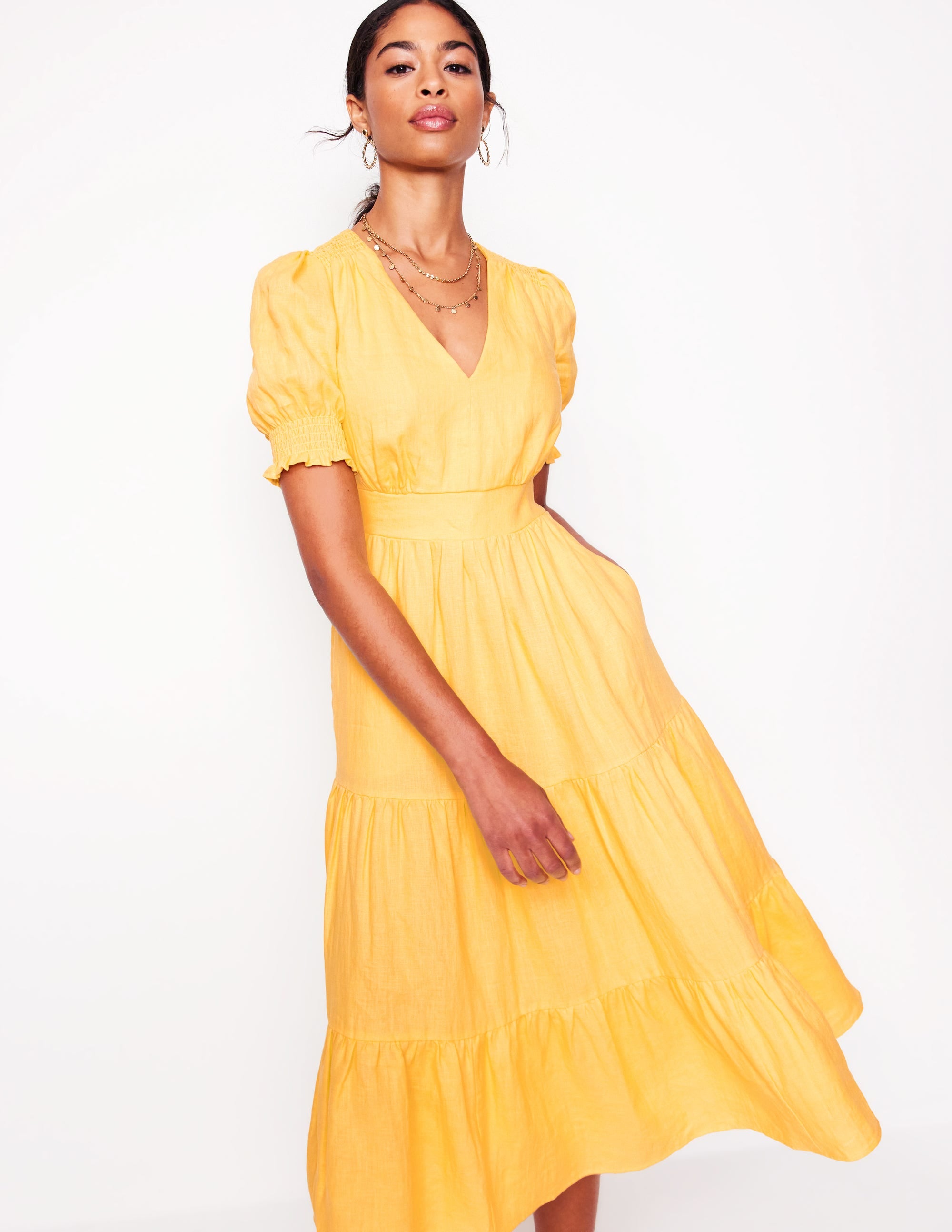 Anna Gestuftes Midikleid aus Leinen-Buttermilchgelb - Image 1