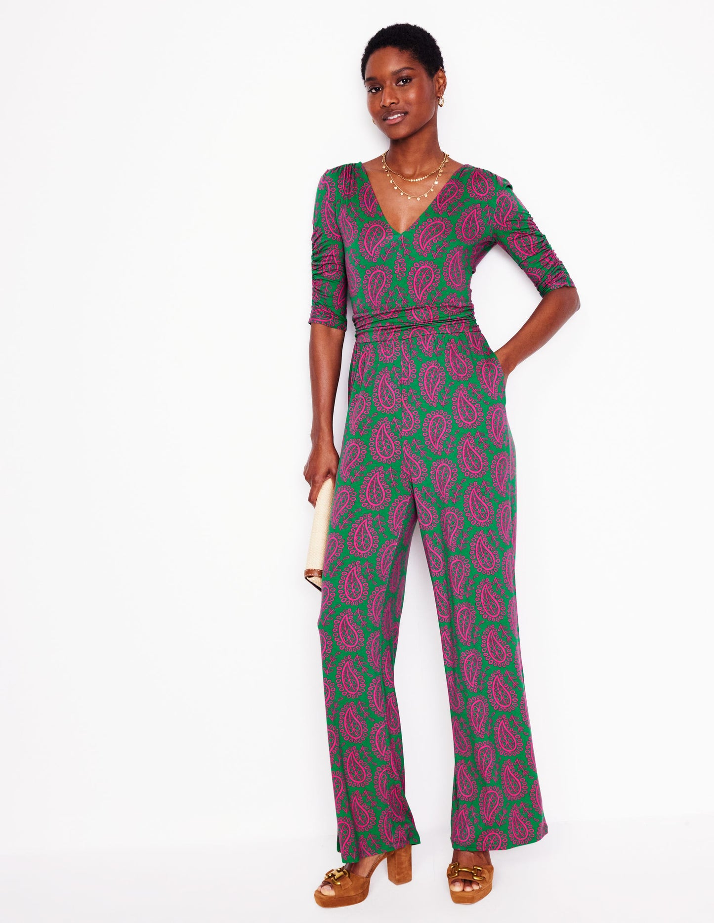 JUMPSUIT MIT GERAFFTER TAILLE-Grün, Paisley-Herz