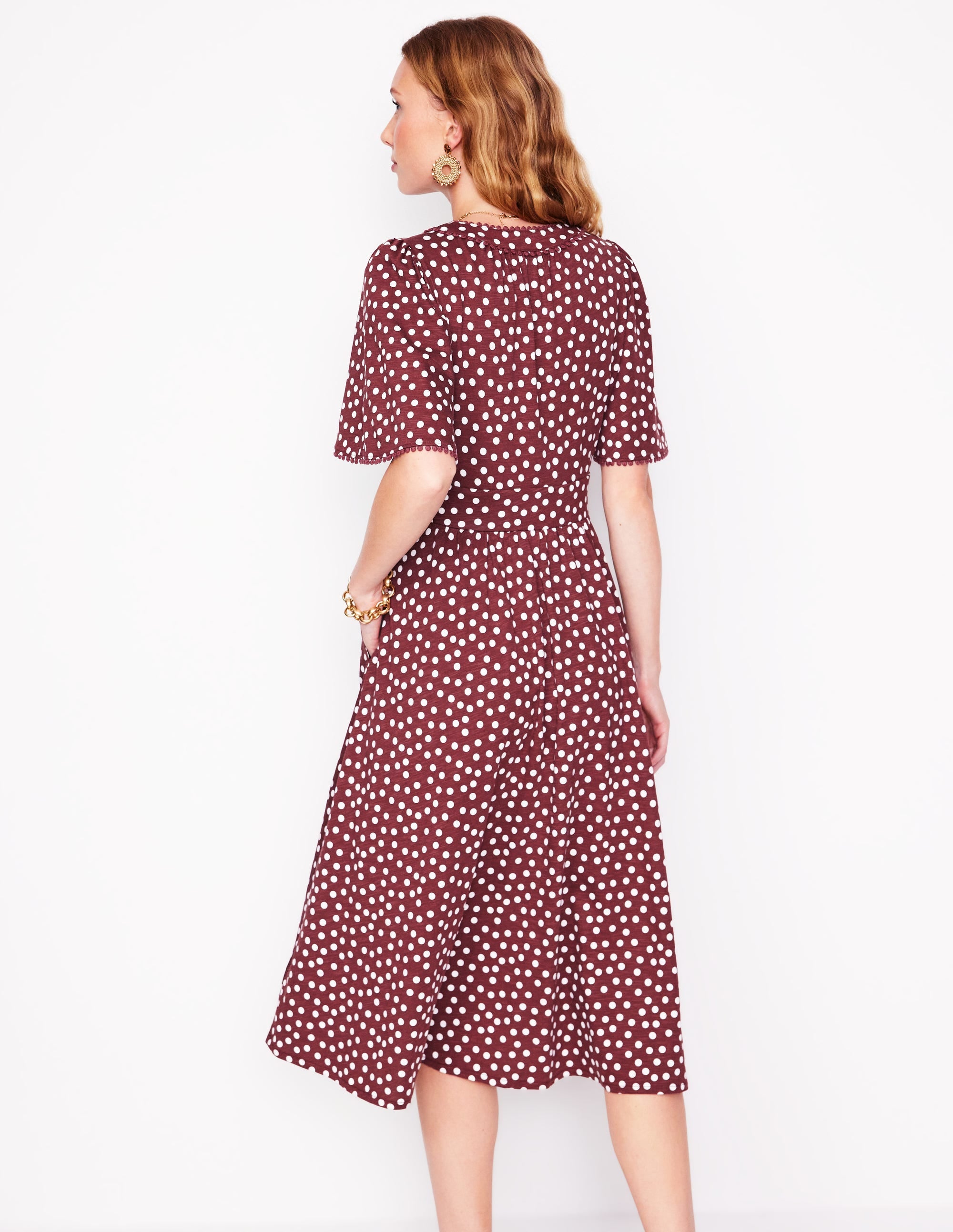 Maddie Jerseykleid mit Besatz-Portwein und Naturweiß, Abstrakte Punkte - Image 3