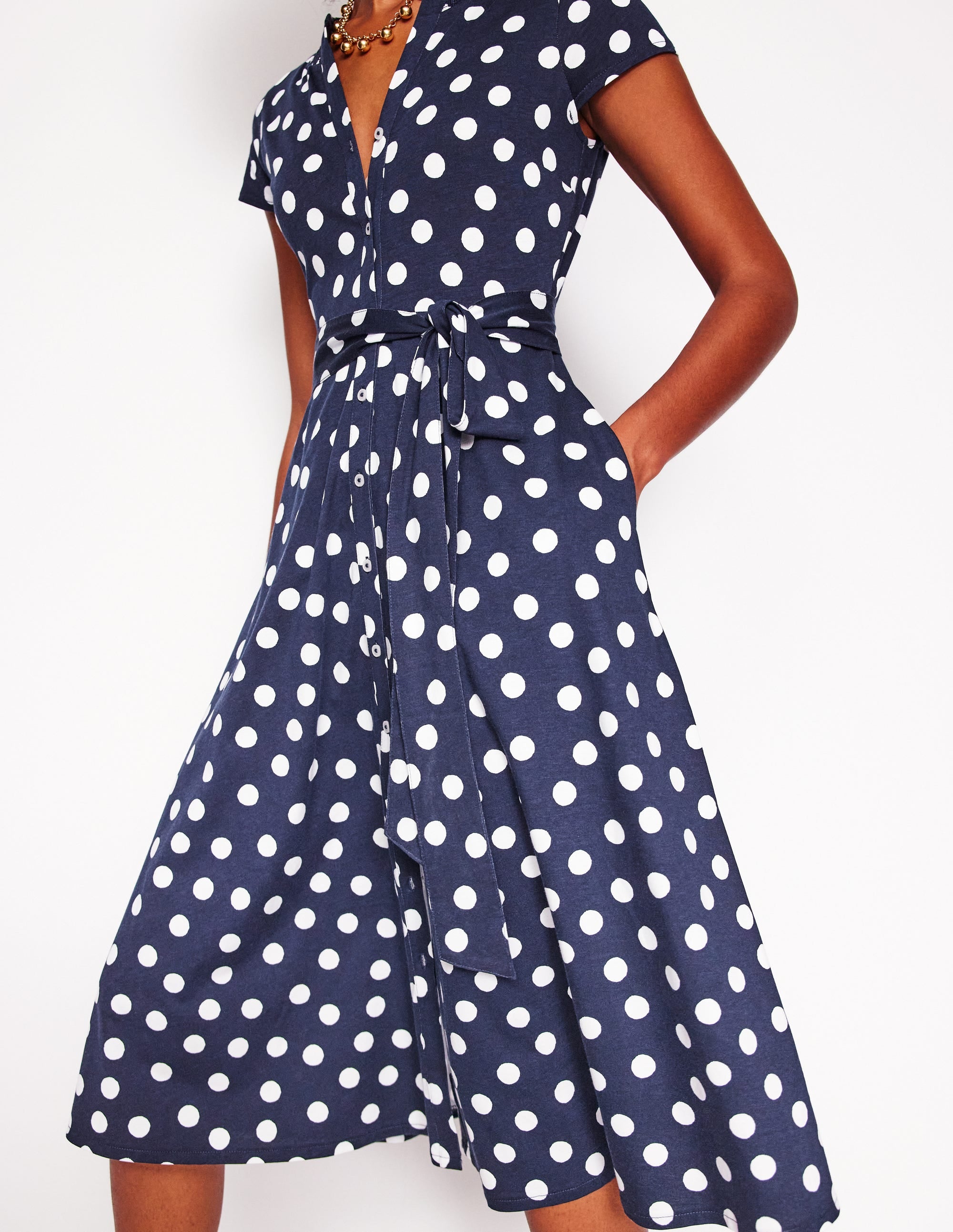 Sara Jersey Shirt Dress-French Navy, Abstract Dot - Image 2