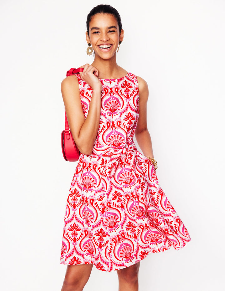 Robe en lin Anya sans manches-Rouge coquelicot, motif Ornamental Floral