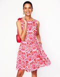 Anya Ärmelloses Leinenkleid-Mohnblumenrot, Blumenmuster mit Ornamenten