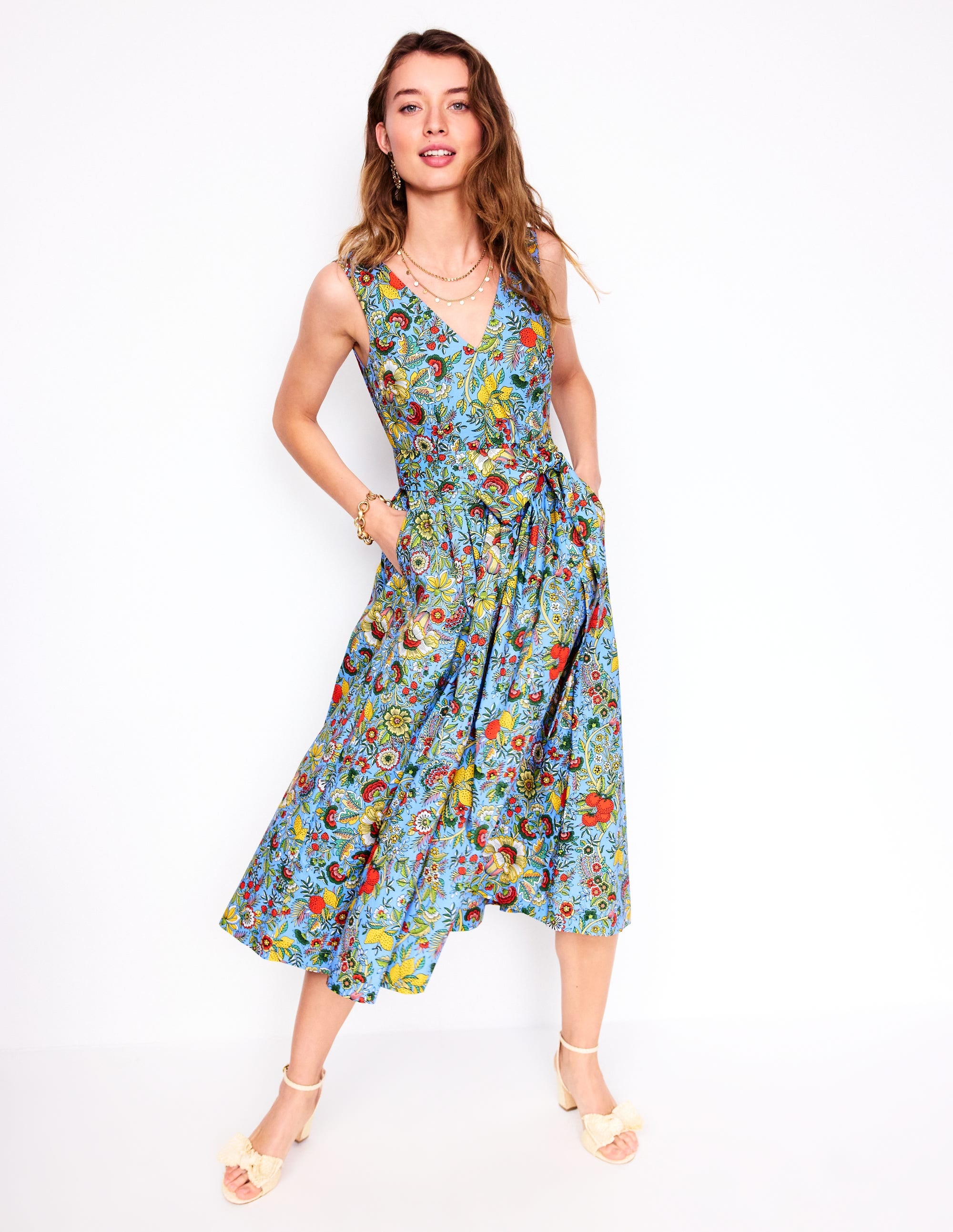 Ausgestelltes Kleid mit V-Ausschnitt und Gürtel-Bunt, Zitrusrebe - Image 4