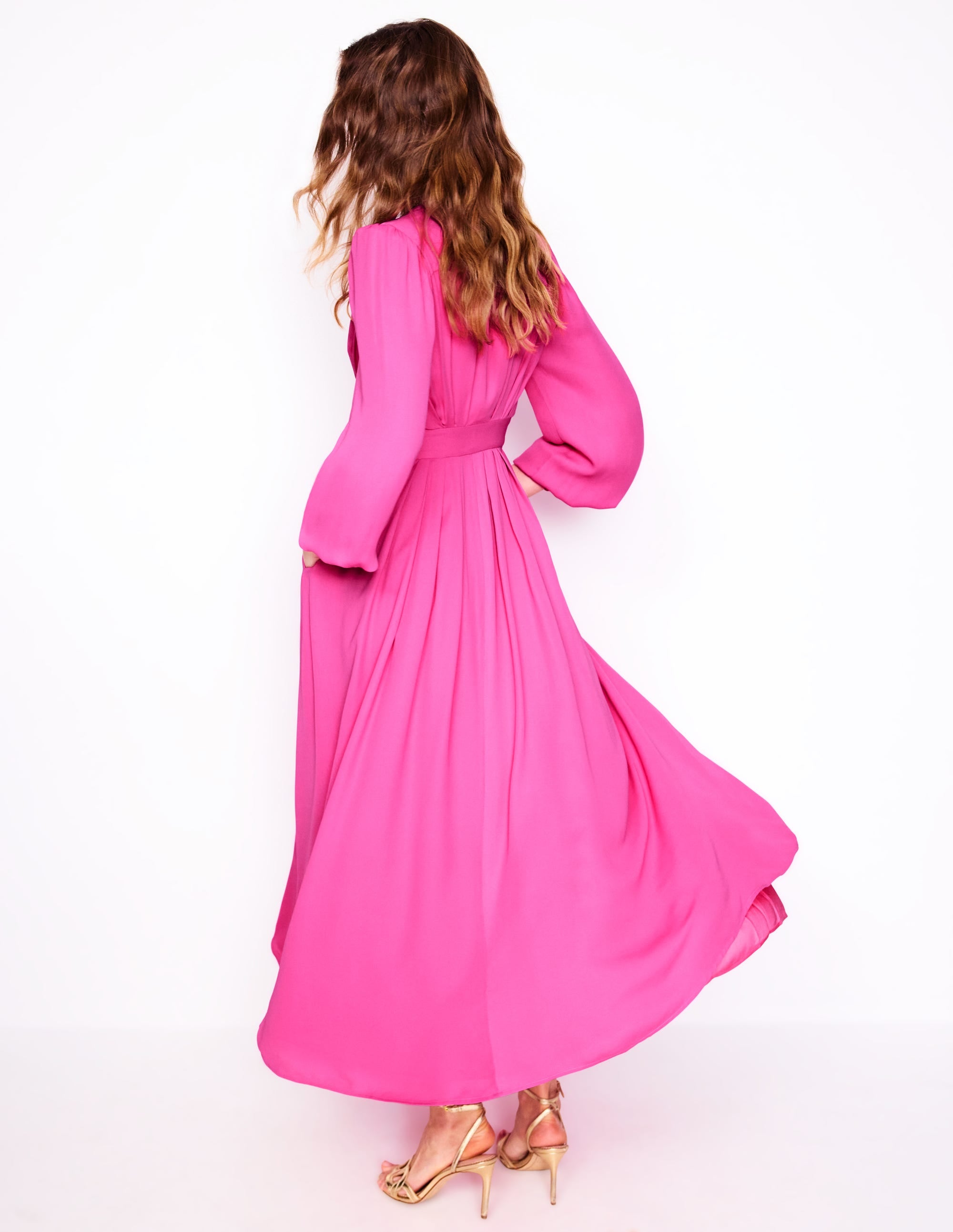 Robe plissée à manches blousantes-Magenta - Image 3