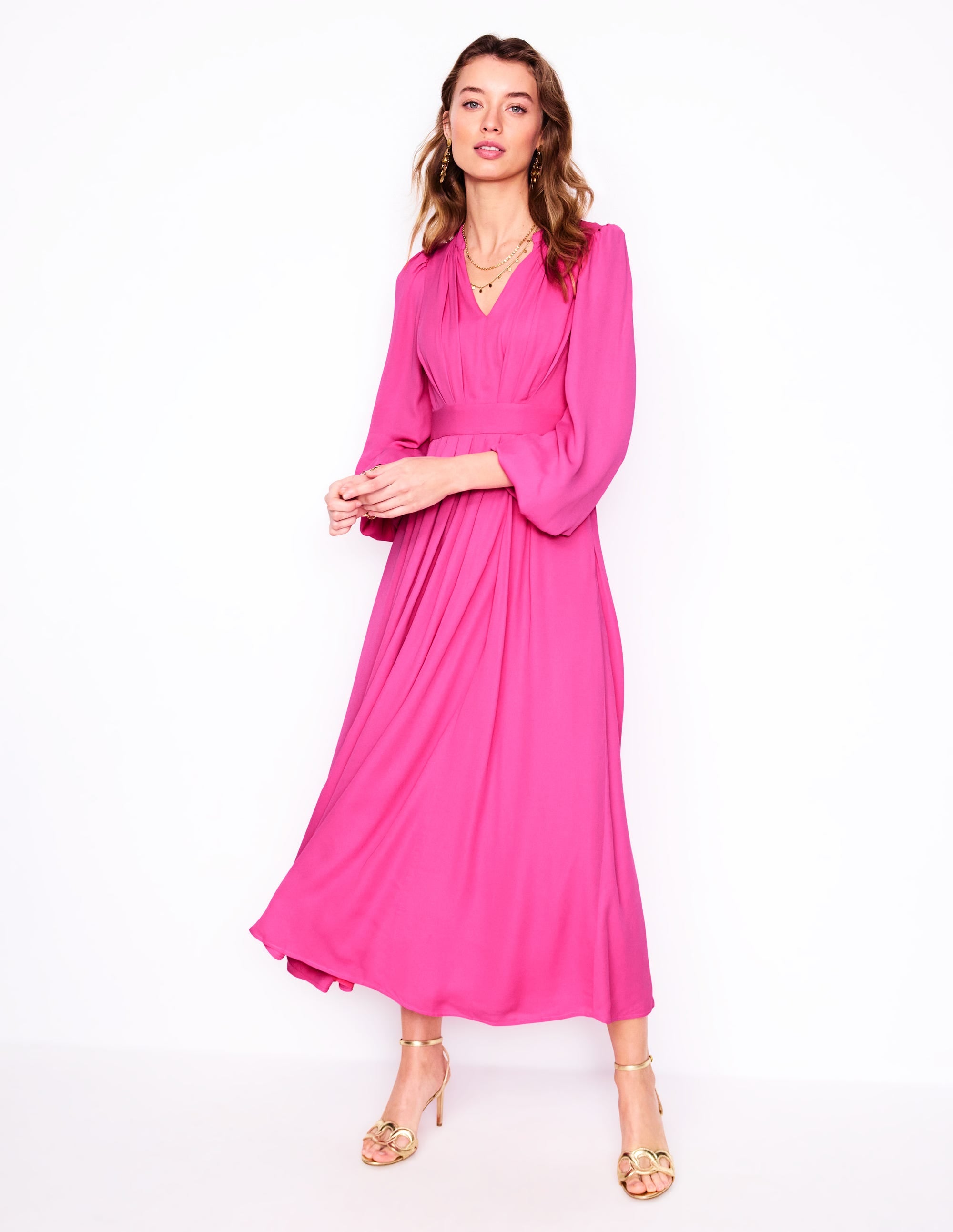 Robe plissée à manches blousantes-Magenta - Image 4