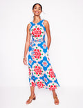 Trapezkleid mit befestigtem Bindegürtel-Himmelblau, Geometrische Blüten