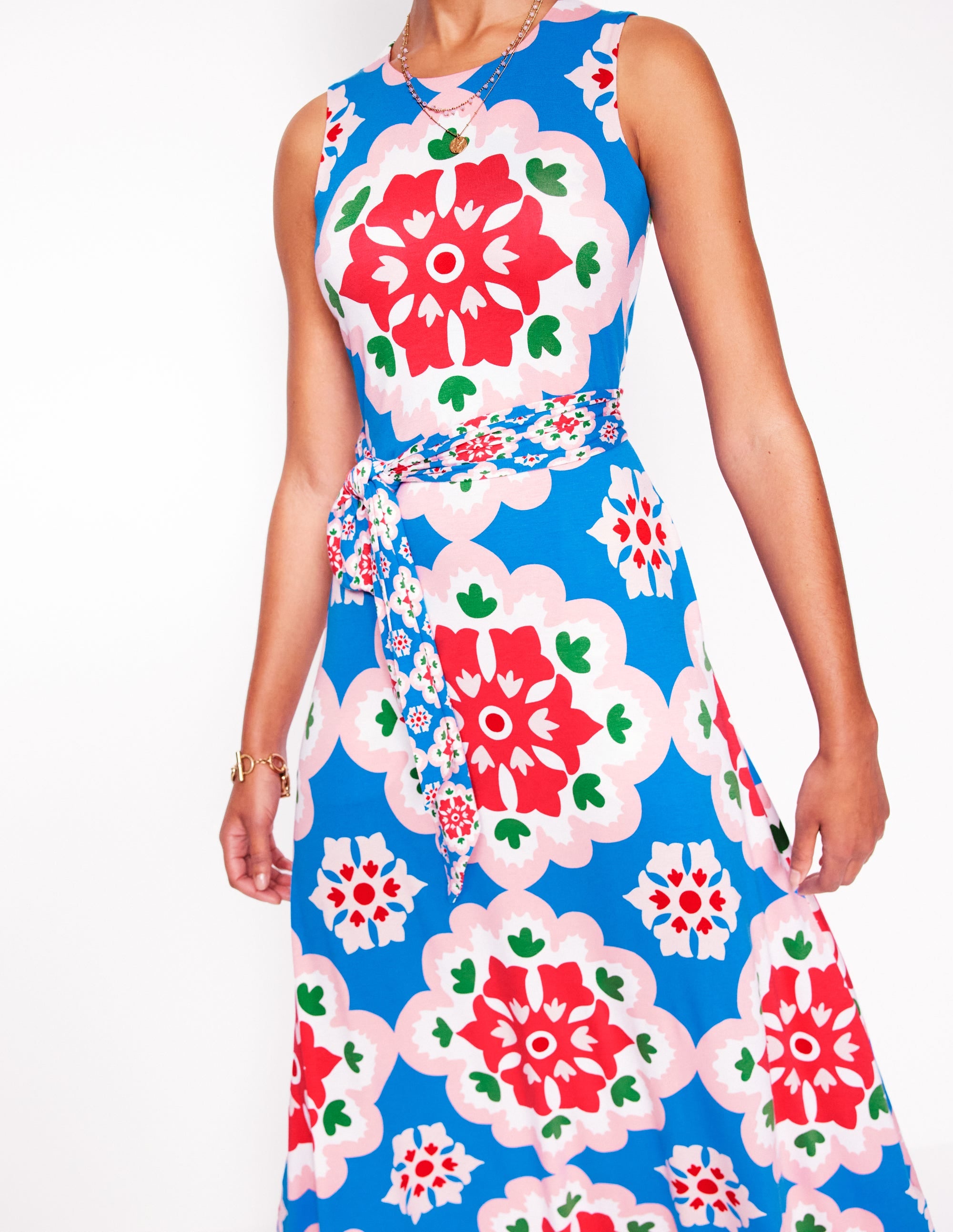 Trapezkleid mit befestigtem Bindegürtel-Himmelblau, Geometrische Blüten - Image 3