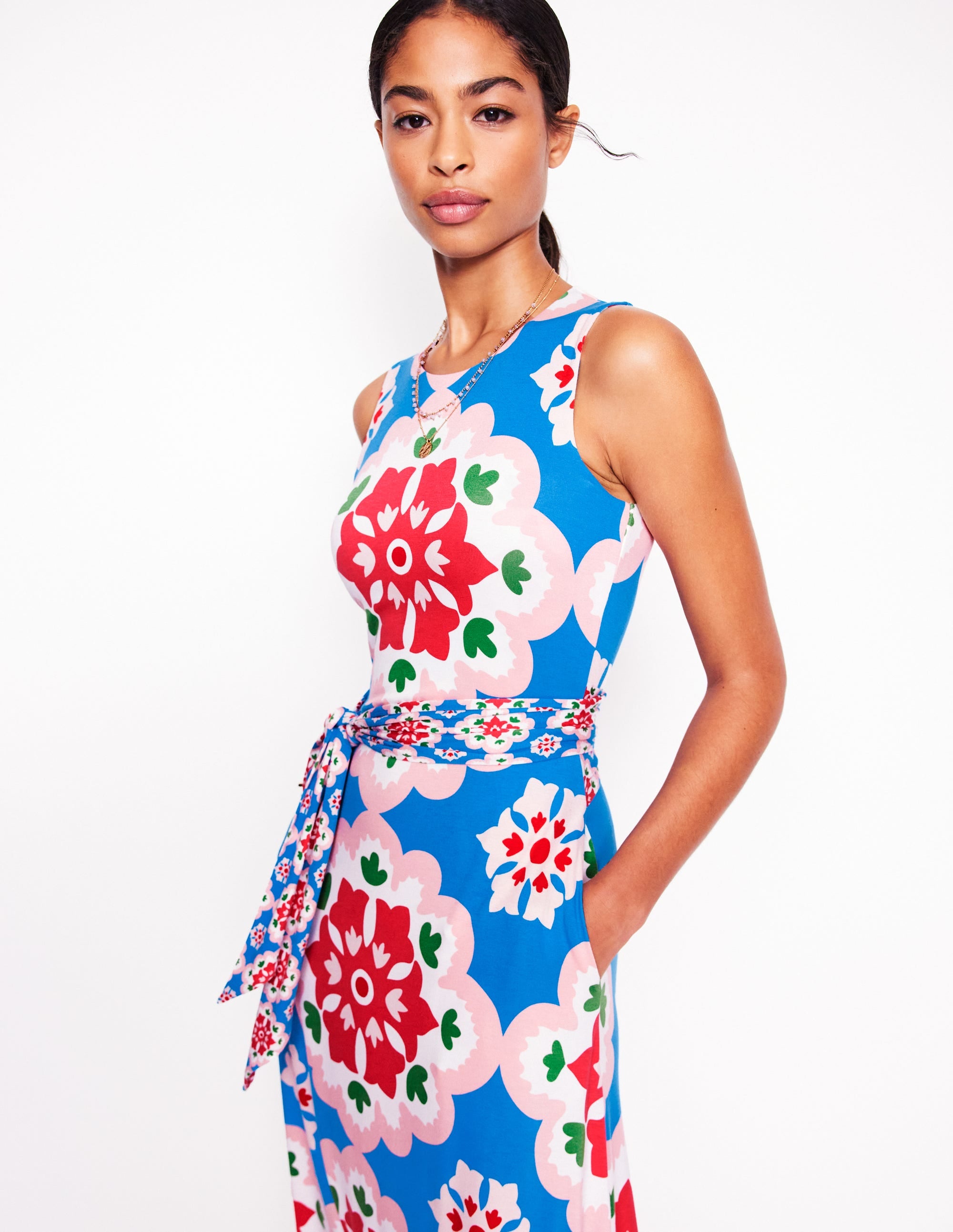 Trapezkleid mit befestigtem Bindegürtel-Himmelblau, Geometrische Blüten - Image 5