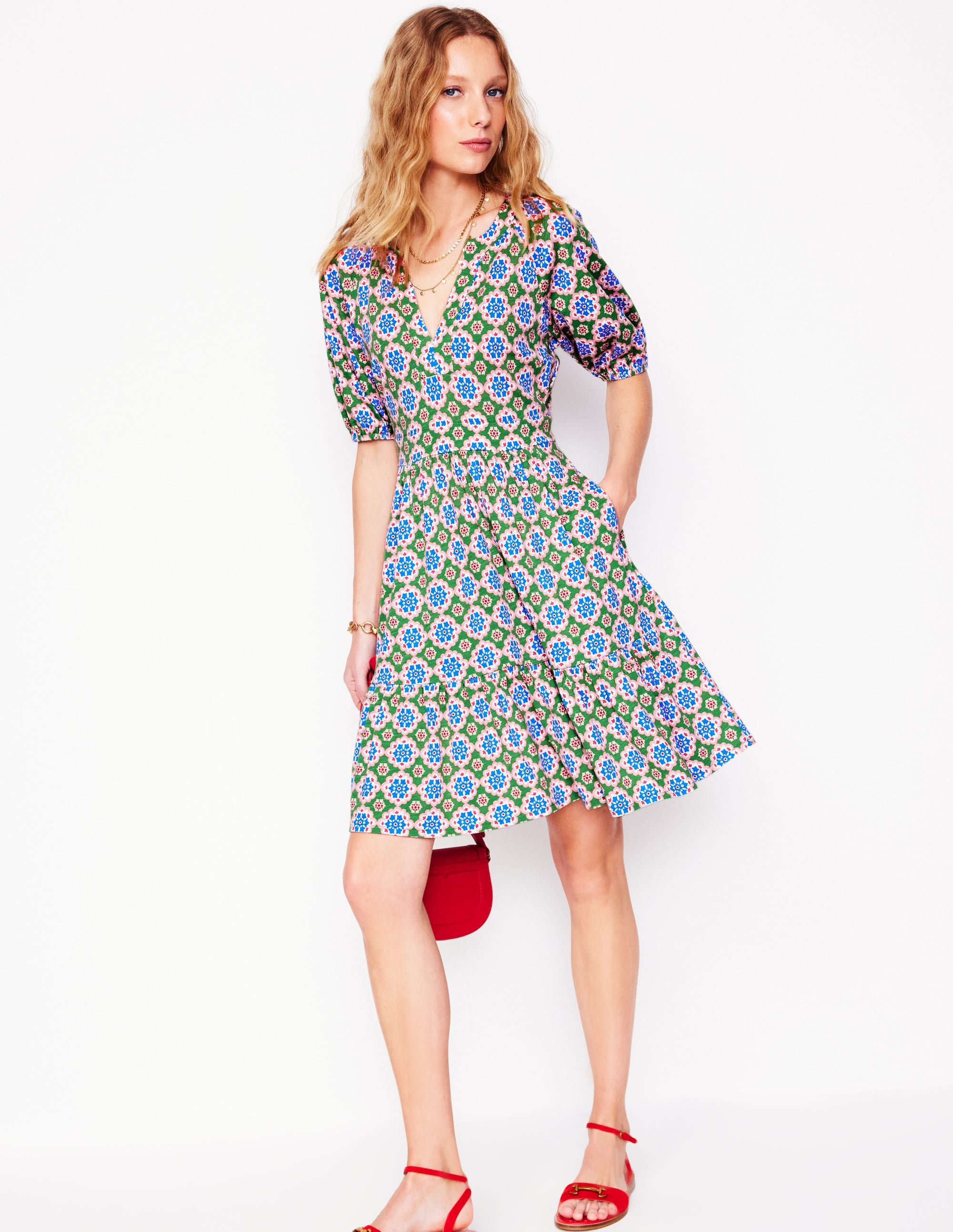 Robe courte Piper en jersey-Vert iguane, motif Bloom Geo - Image 4