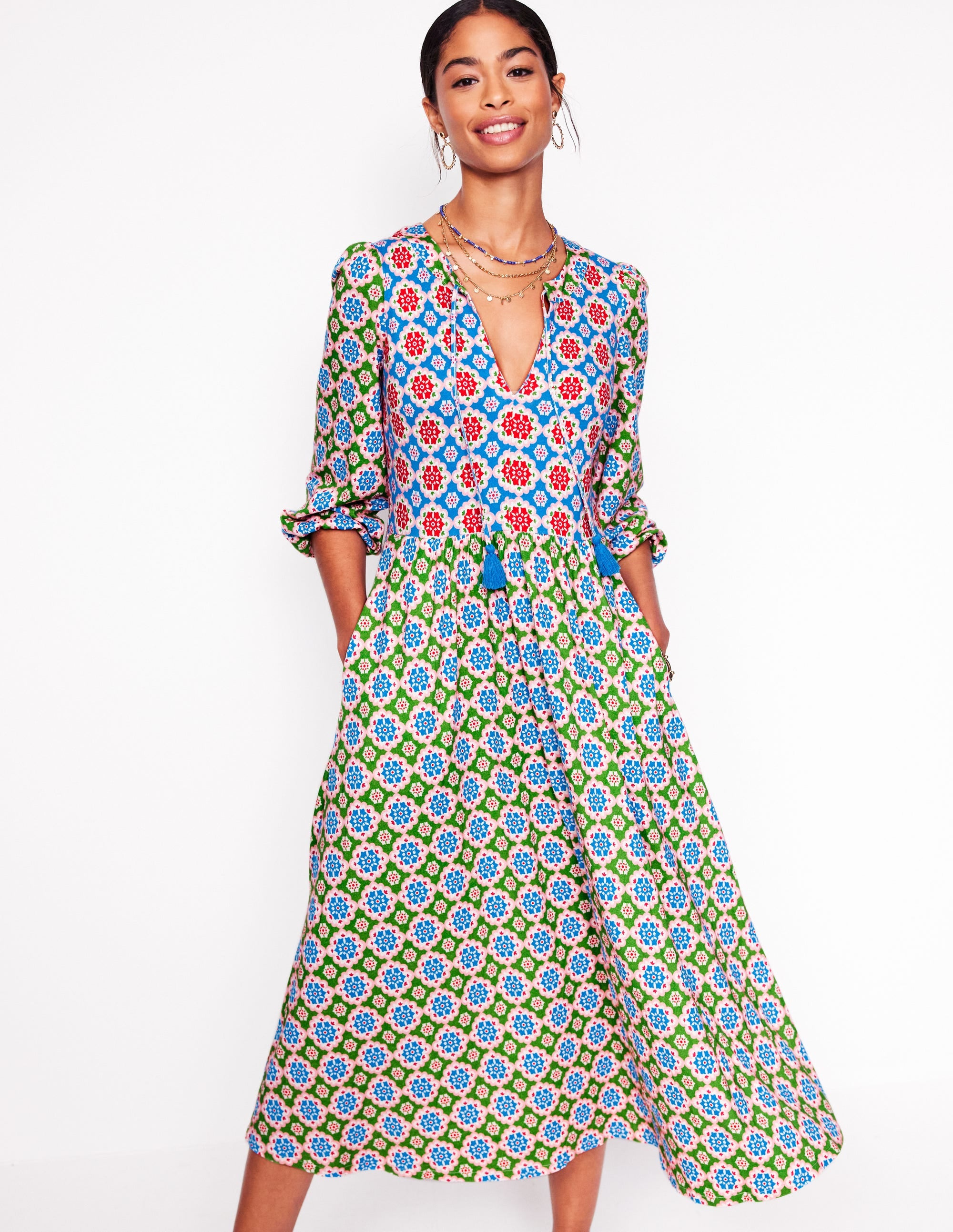 Midikleid mit gekerbtem Ausschnitt-Bunt, Geometrisches Blüten-Muster - Image 1