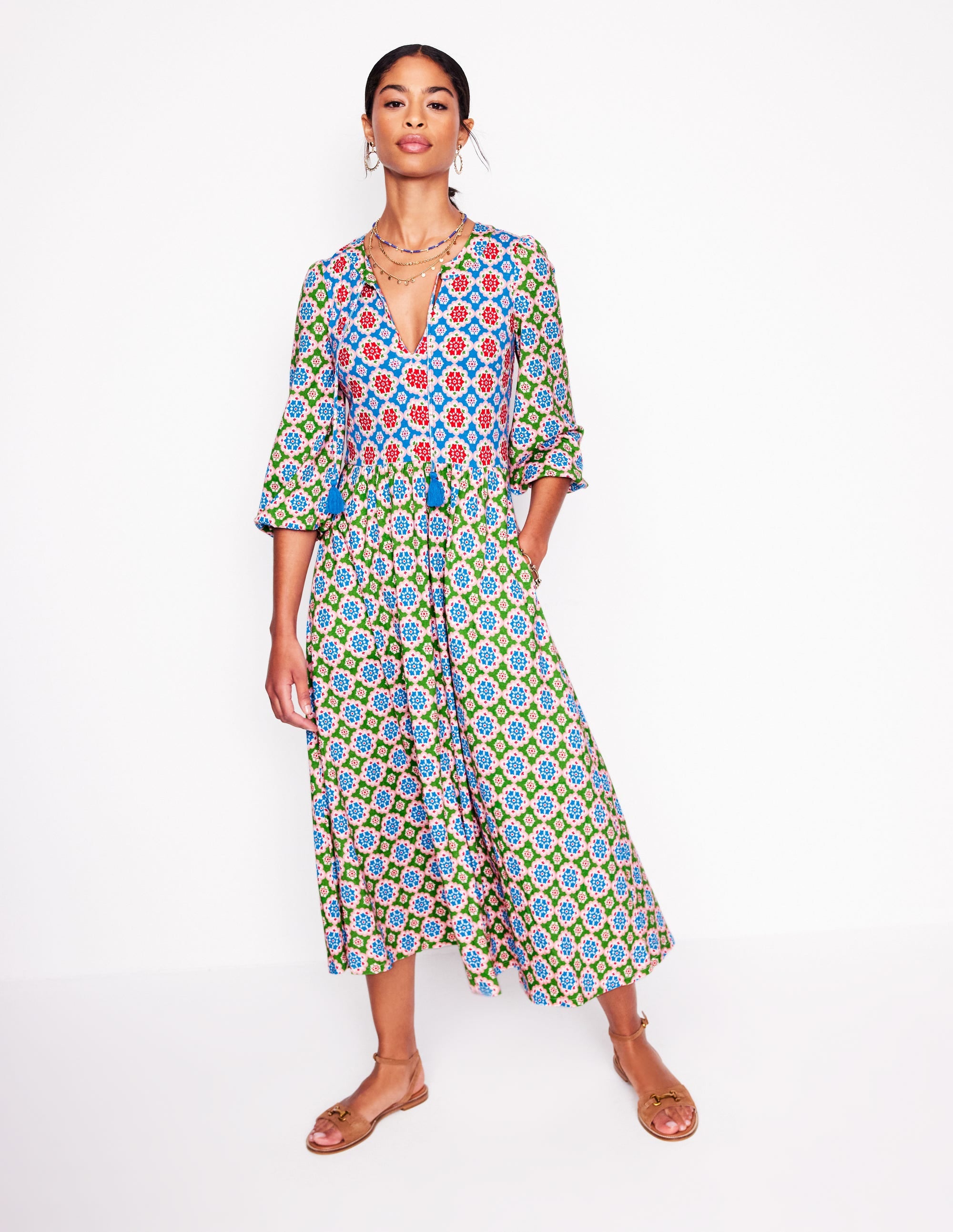 Midikleid mit gekerbtem Ausschnitt-Bunt, Geometrisches Blüten-Muster - Image 5