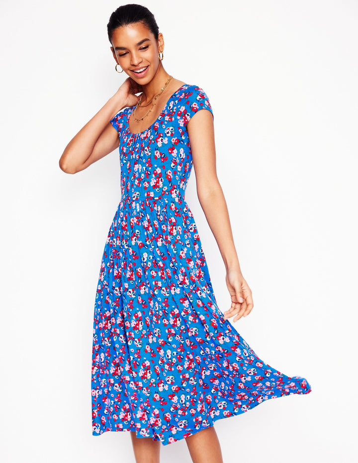 Robe en jersey Samantha à col en U-Bleu céruléen, motif Painterly Posy