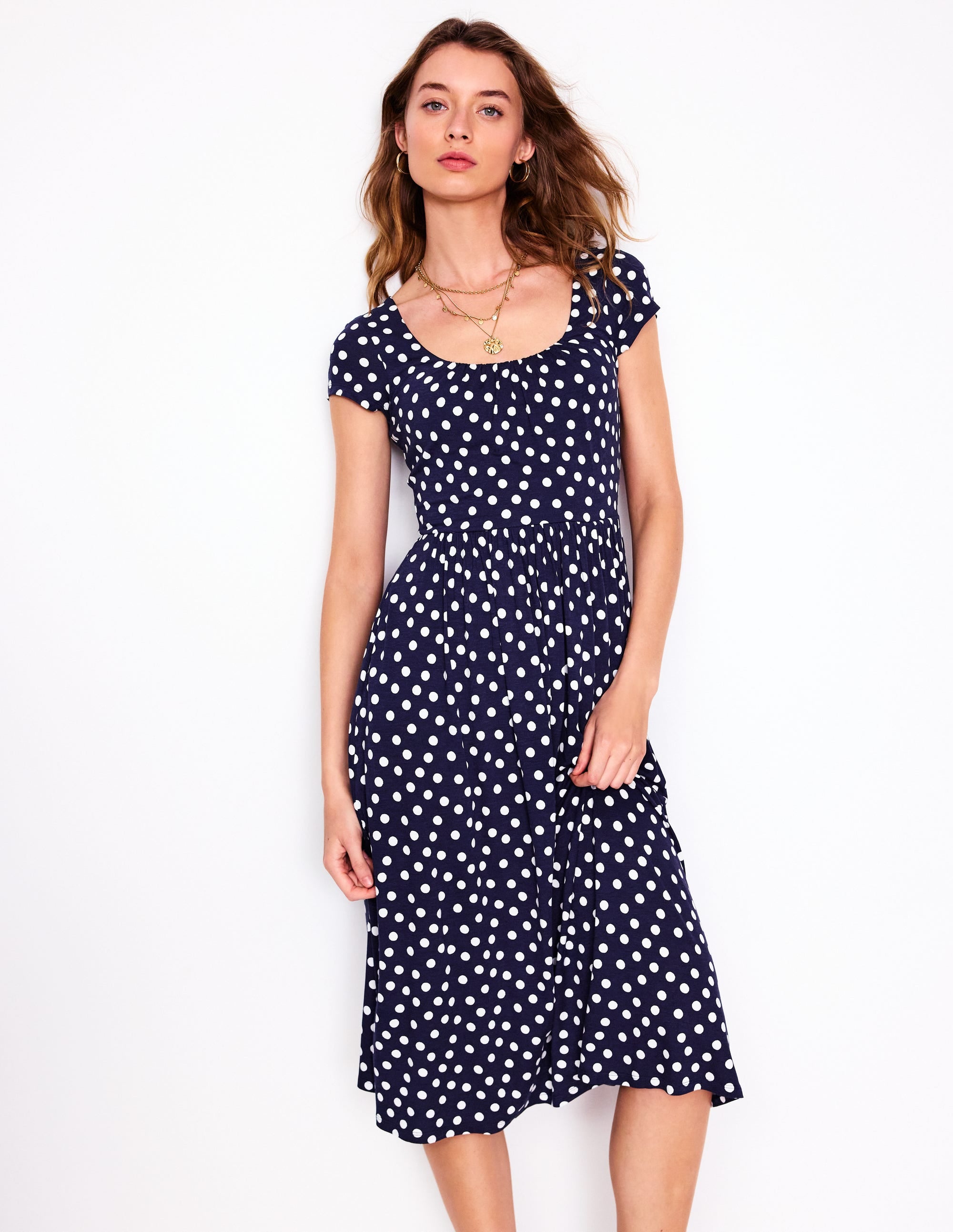 Robe en jersey Samantha à col en U-Bleu marine foncé, pois peints - Image 1