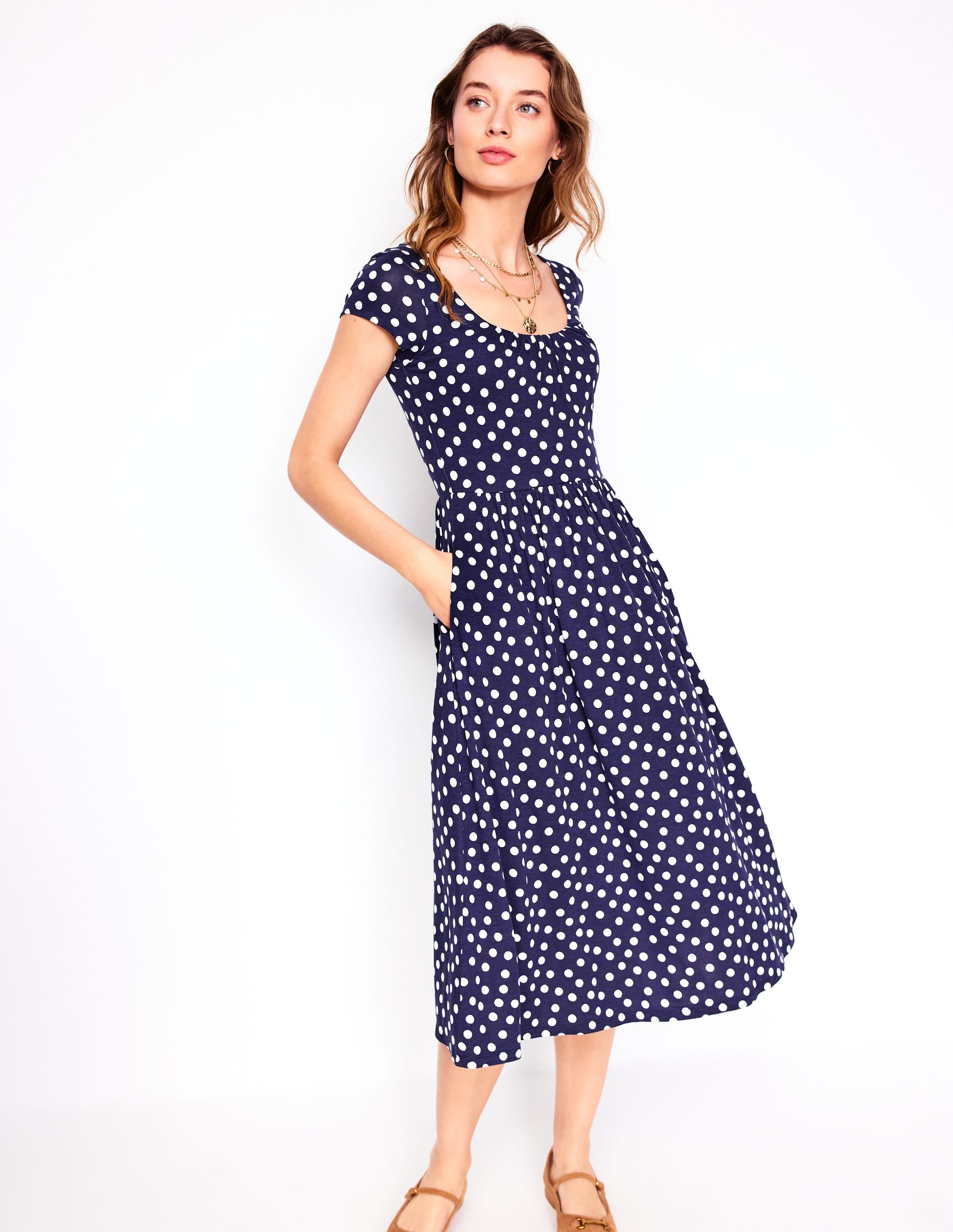 Robe en jersey Samantha à col en U-Bleu marine foncé, pois peints - Image 4
