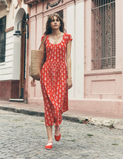 Robe en jersey Samantha à col en U-Rouge coquelicot, motif Dahlia Sprig