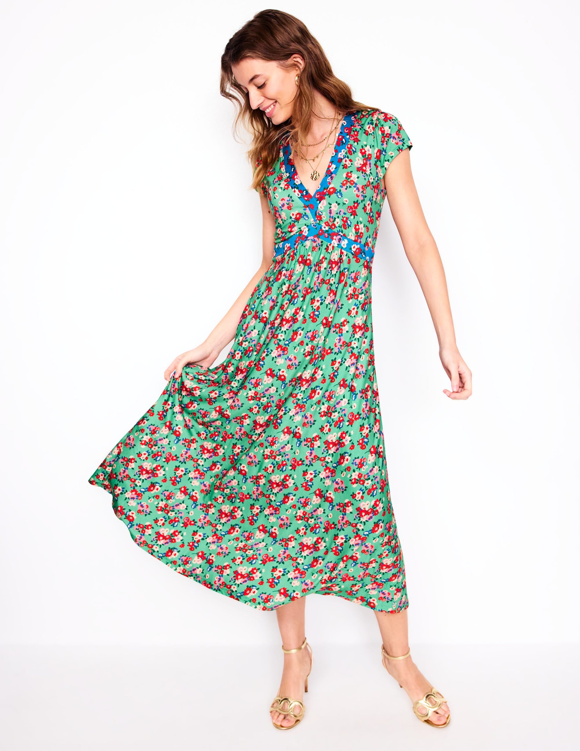 Robe midi à coupe dans le biais en jersey-Jade, motif Painterly Posy - Image 4