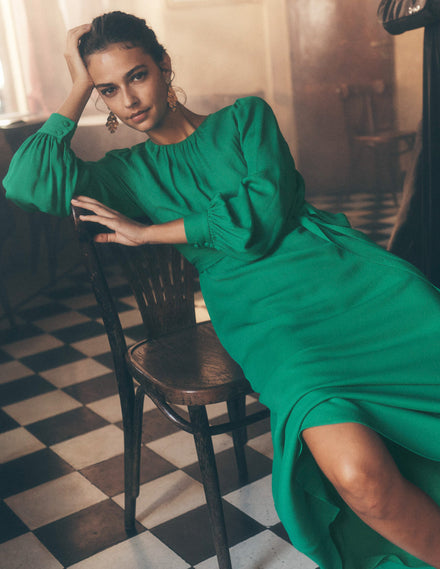 Robe midi à manches blousantes-Émeraude Intense