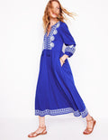 Besticktes Kleid mit gekerbtem Ausschnitt-Surf The Web, Naturweiß