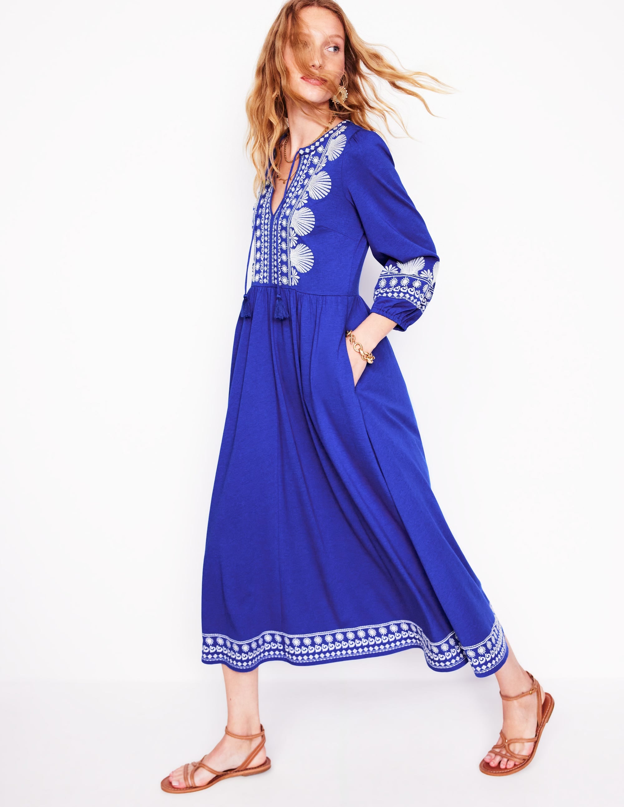 Besticktes Kleid mit gekerbtem Ausschnitt-Surf The Web, Naturweiß - Image 1
