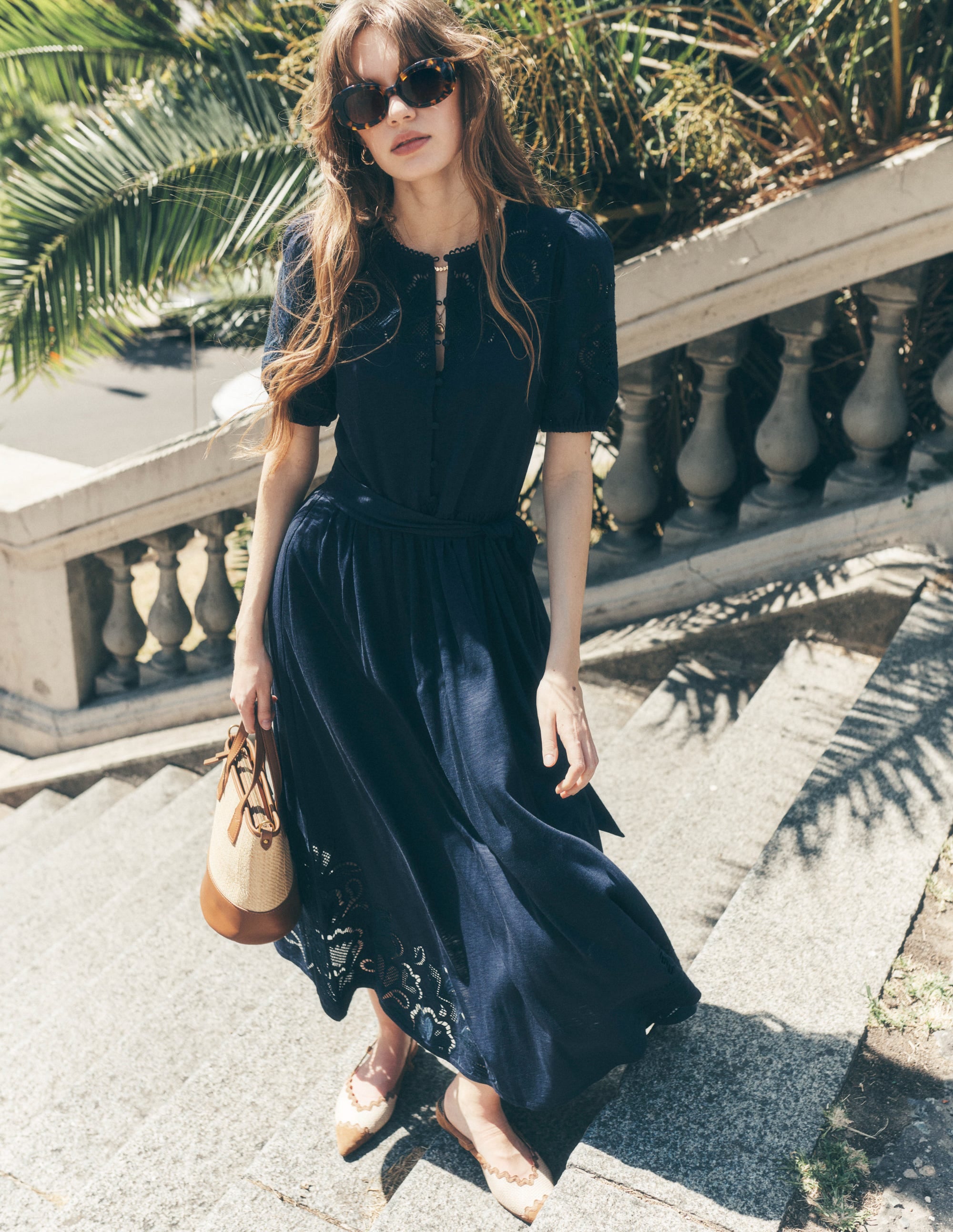Robe midi ajourée-Bleu marine - Image 5