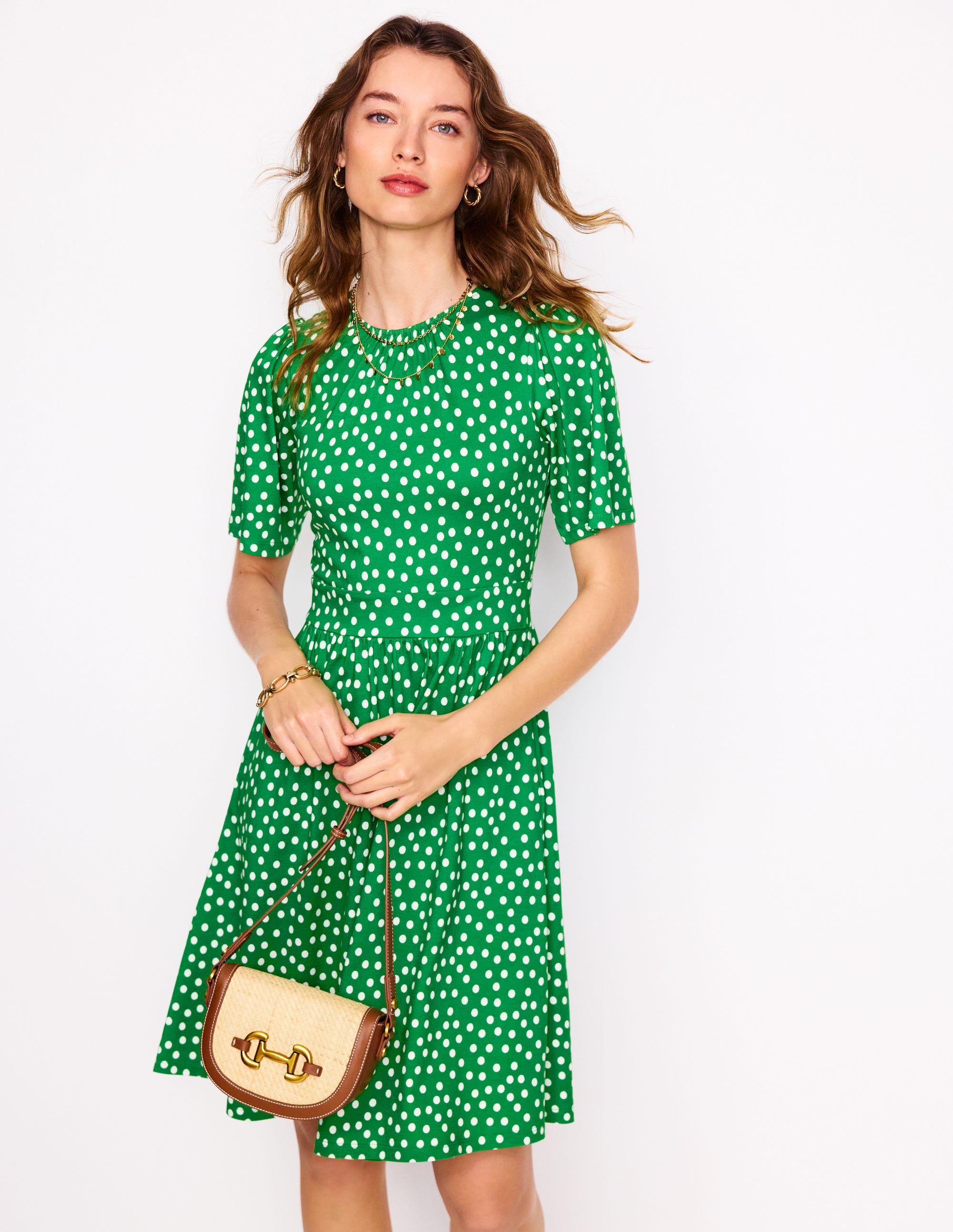 Louisa Kurzes Jerseykleid-Limettensaftgrün, Abstrakte Punkte - Image 1