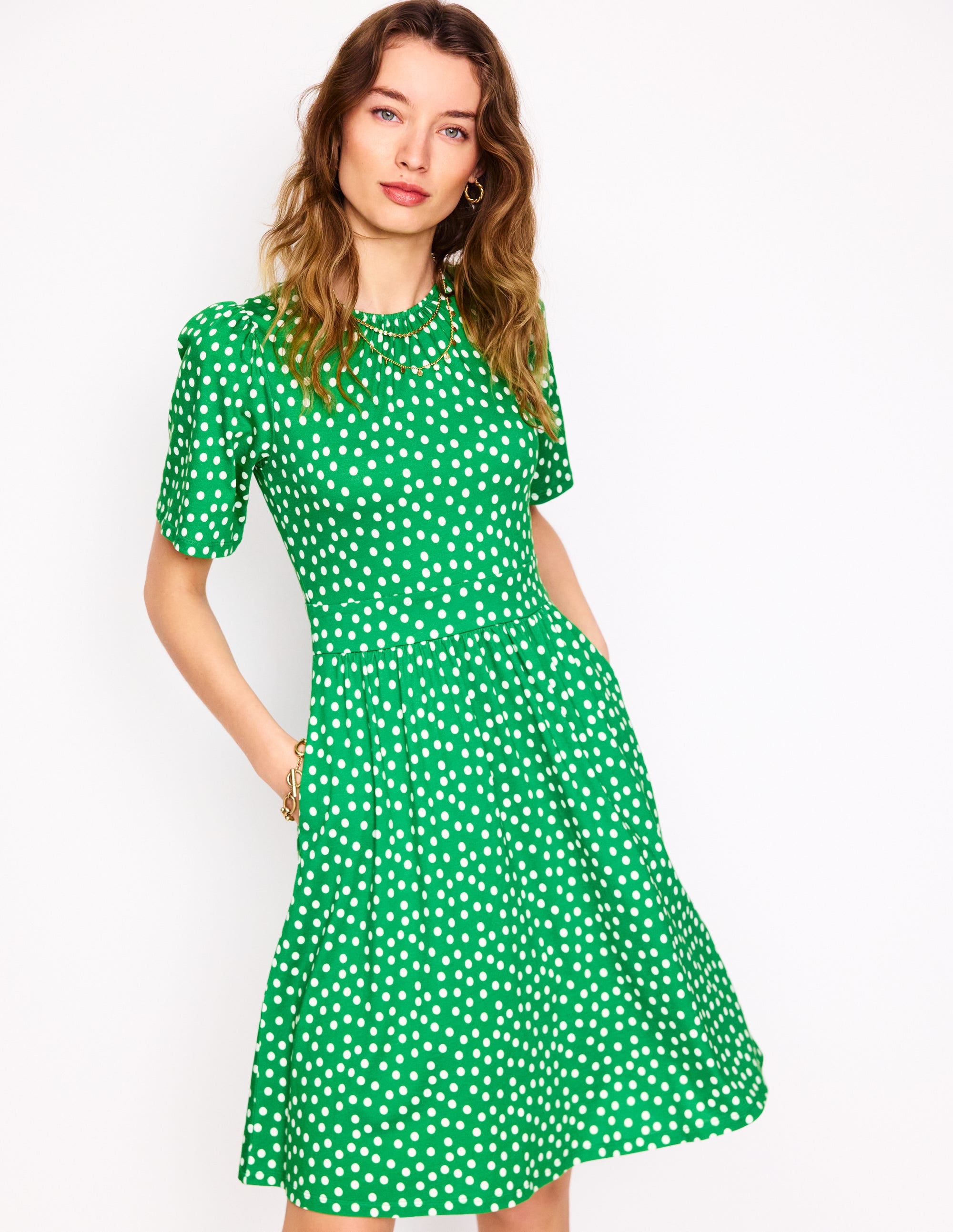 Louisa Kurzes Jerseykleid-Limettensaftgrün, Abstrakte Punkte - Image 4