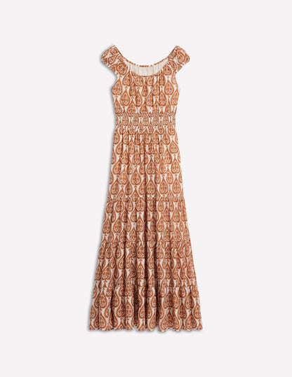 Robe volantée à col U en coton-Cognac, motif Ornate Geo-6