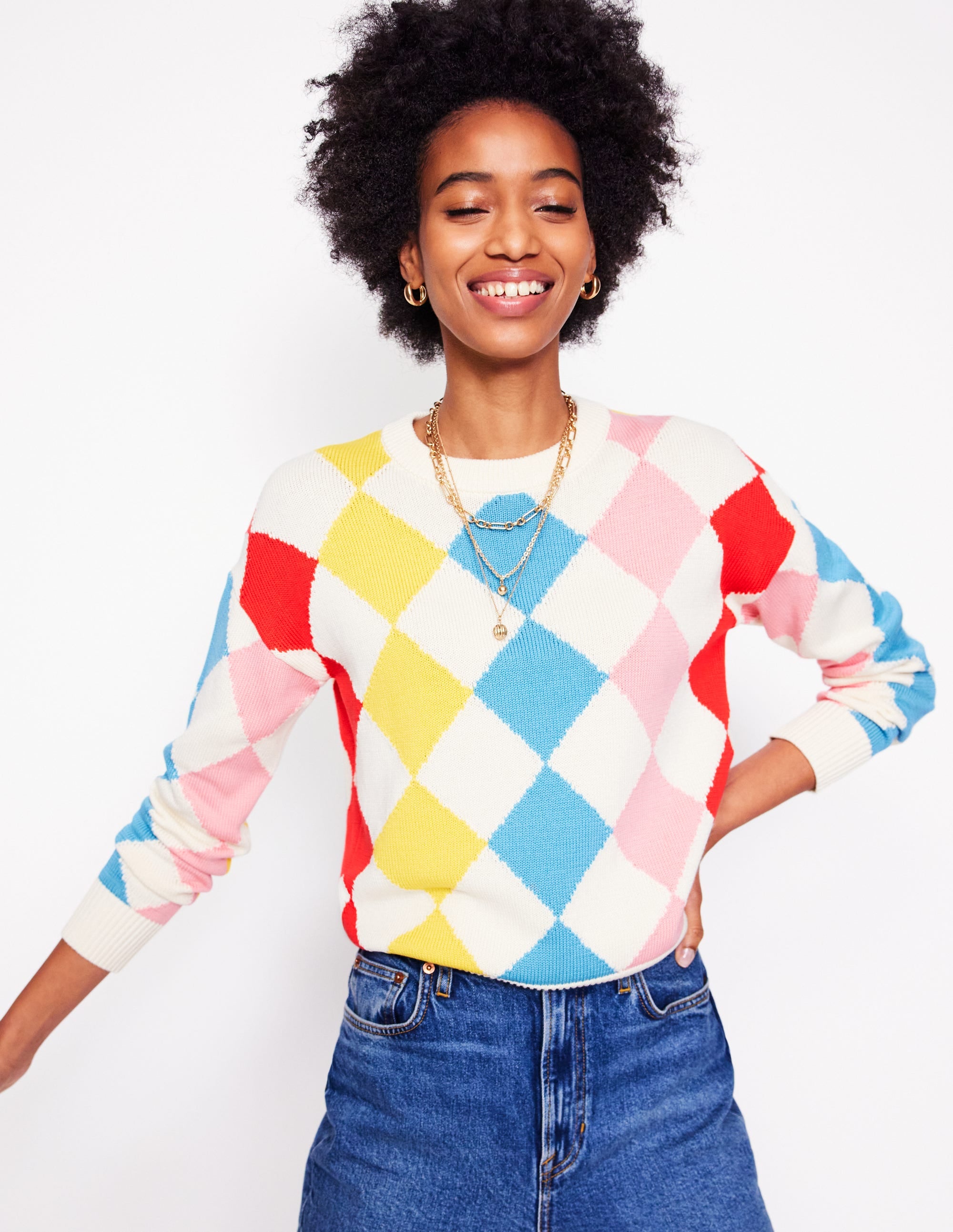 Pull en coton à motif argyle-Rose, motif argyle bleu clair - Image 1