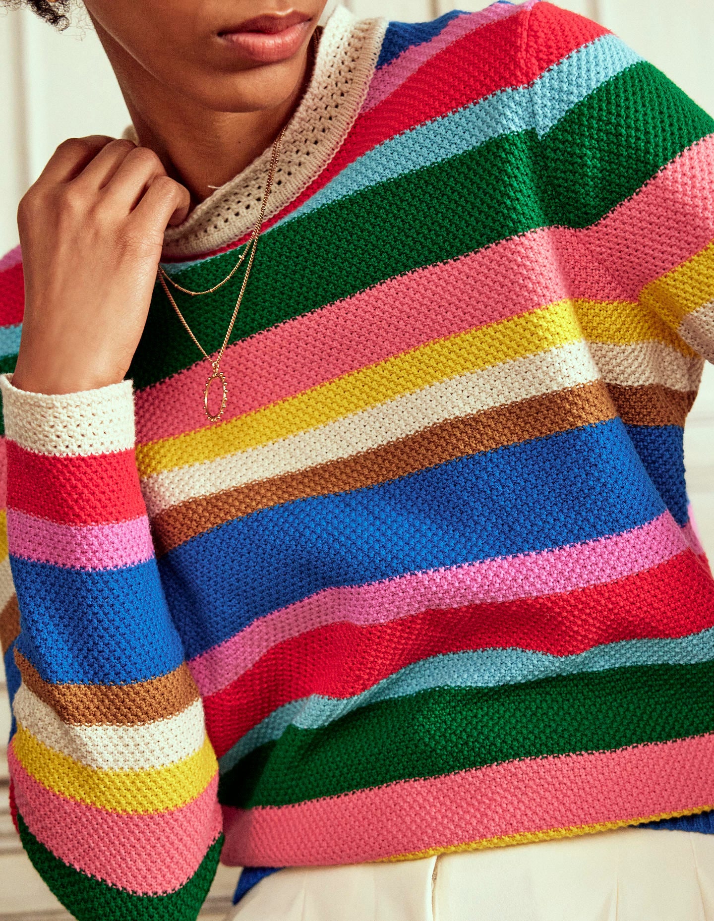 Callie Pullover mit Häkelbesatz-Knalliger Regenbogen Breite Streifen - Image 6