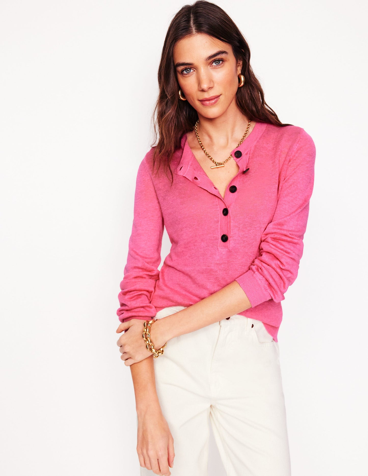 Liv Henley-Pullover aus Leinen-Rosa Rose