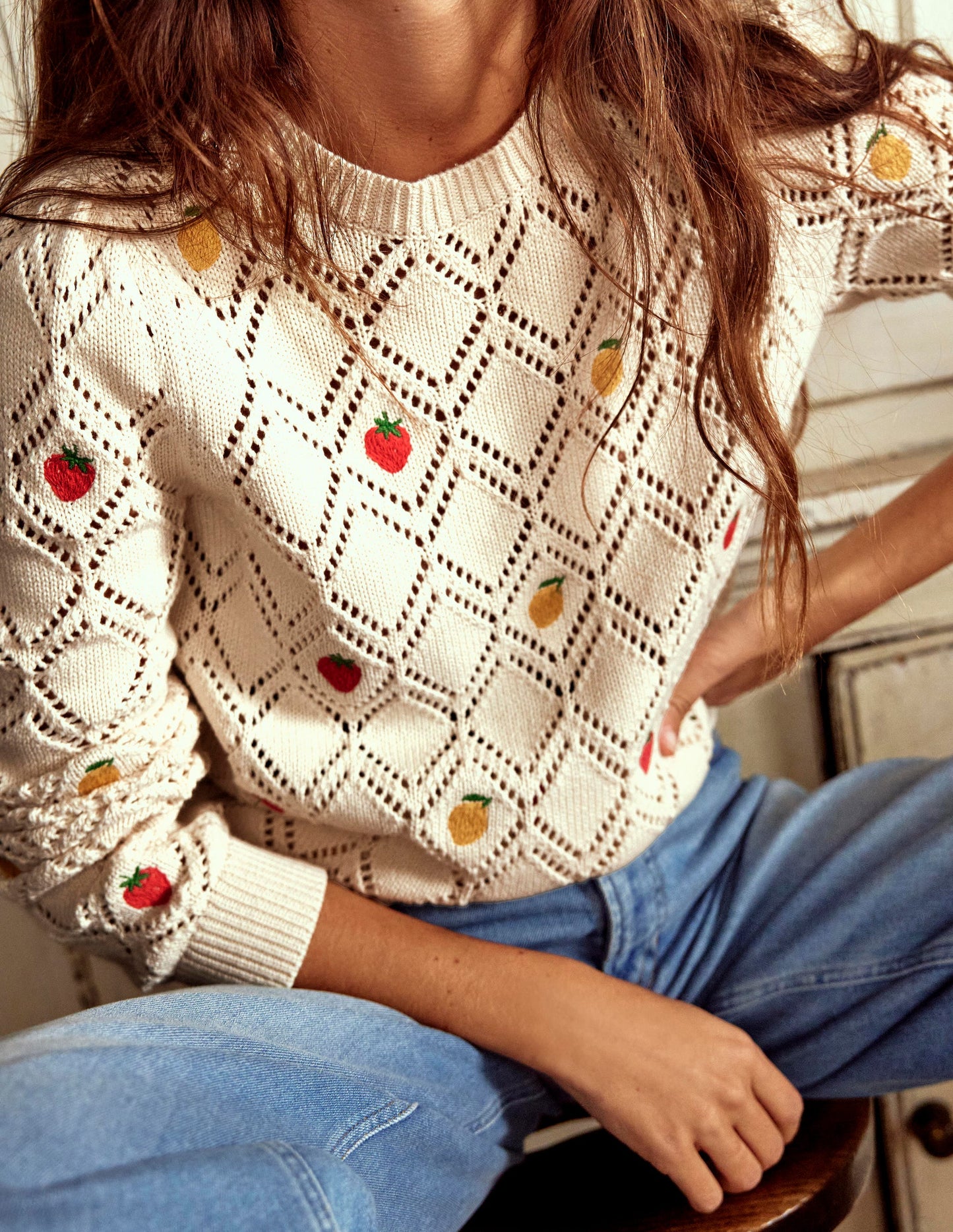 Enid Embroidered Jumper-Warm Ivory, Fruit