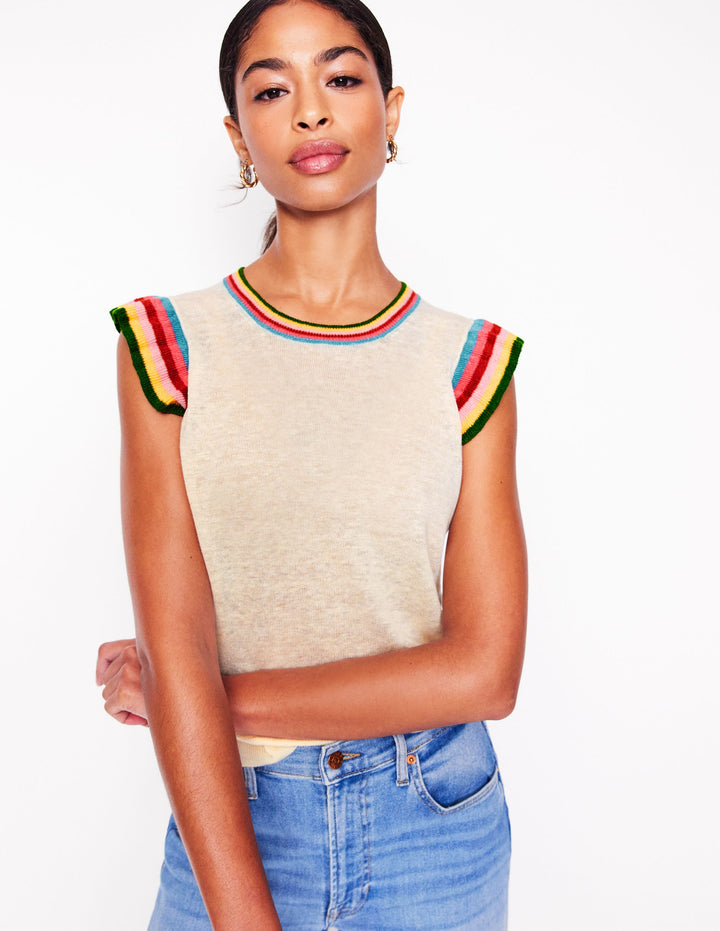 Débardeur Josie en lin à volants-Ivoire chaud, rayé multi