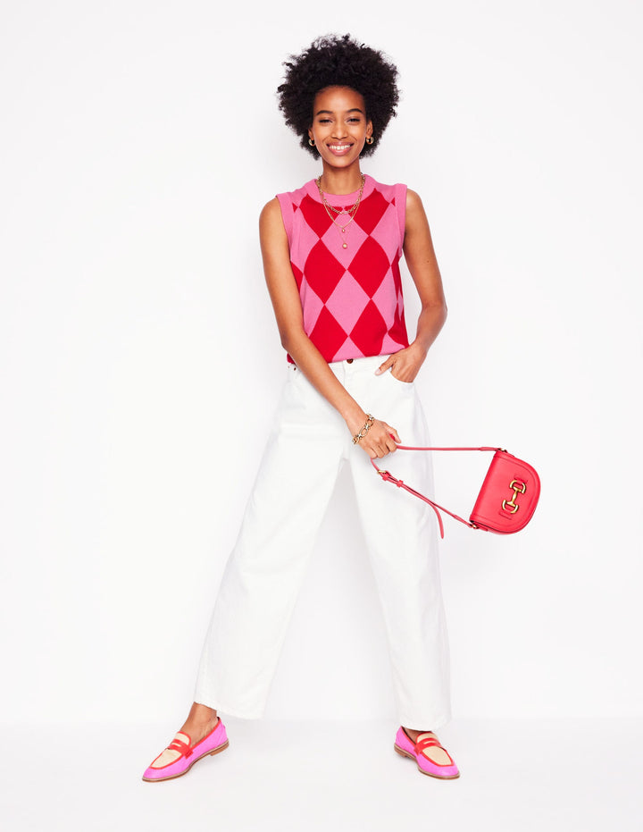 Argyle-Pullunder aus Baumwolle-Rosarot und Mohnblumenrot Argyle