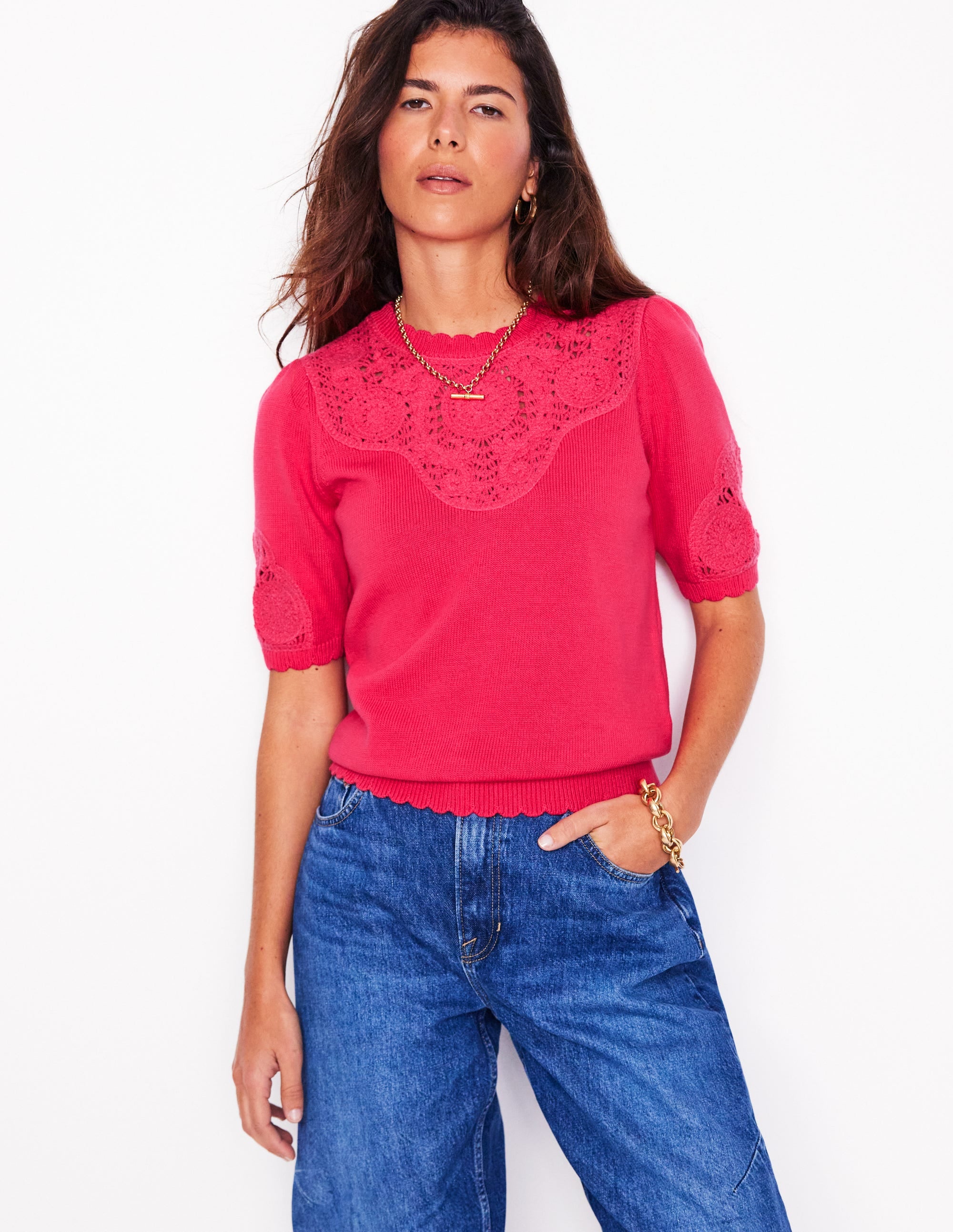 T-shirt en maille à empiècement brodé-Rose camélia - Image 1