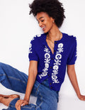 Bestickte Strickjacke mit kurzen Ärmeln-Leuchtendes Blau, Blumen