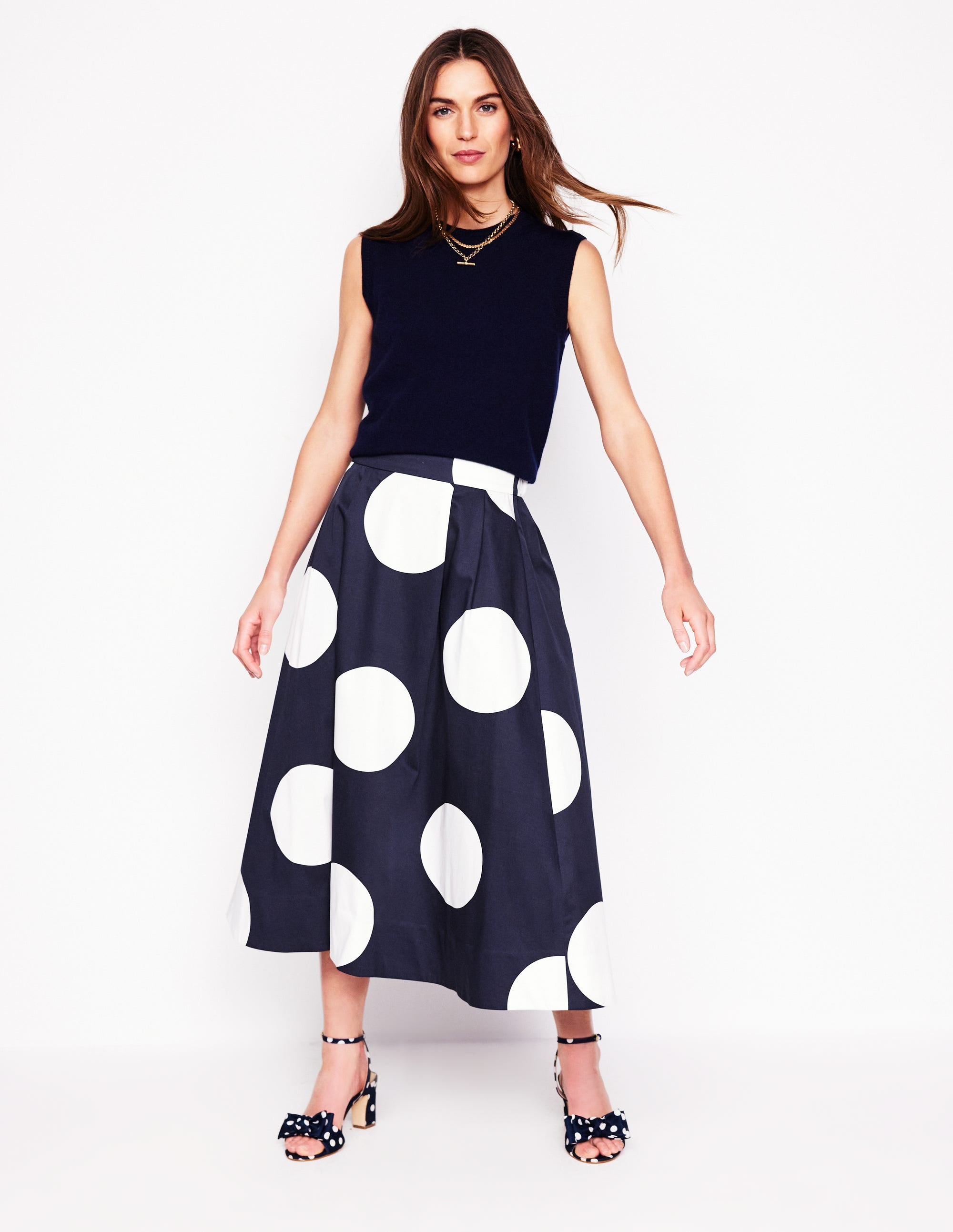 Jupe Isabella en satin de coton-Pois bleu marine - Image 1