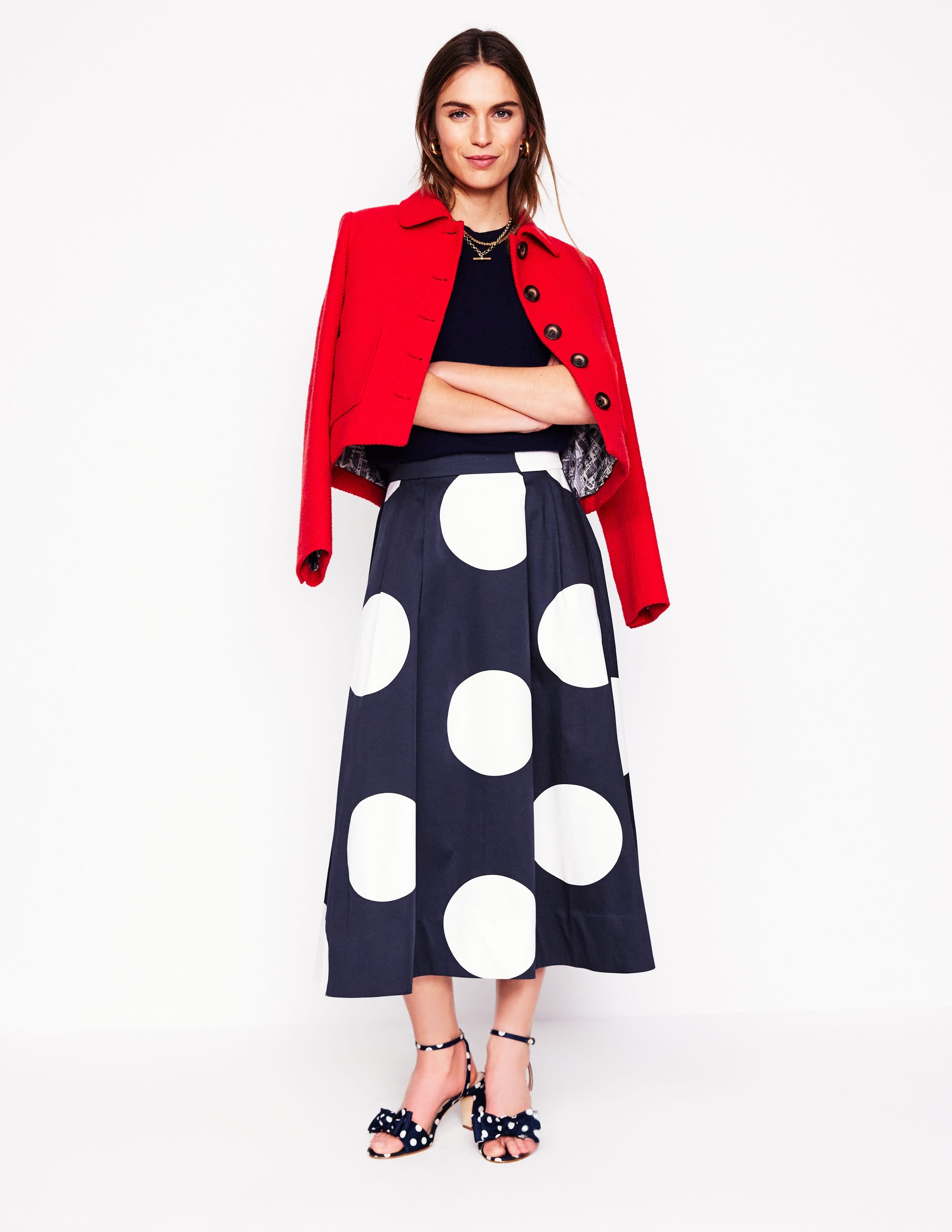 Jupe Isabella en satin de coton-Pois bleu marine - Image 5