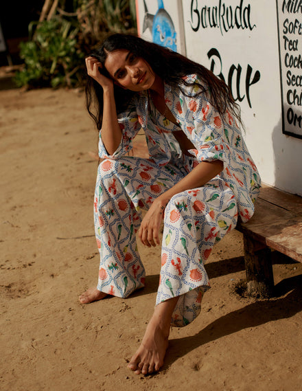 Westbourne Leinenhose-Naturweiß, Tropical Bonanza-Motiv