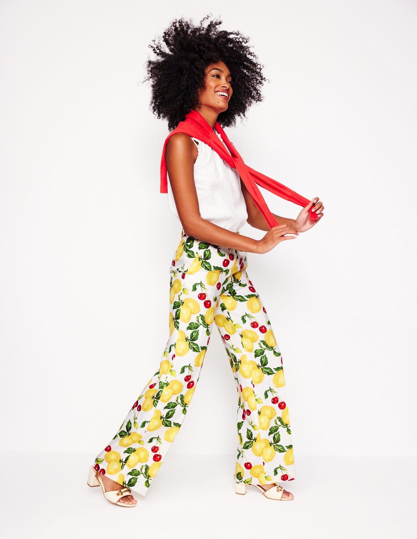 Pantalon Westbourne en lin-Ivoire, cerises et citrons