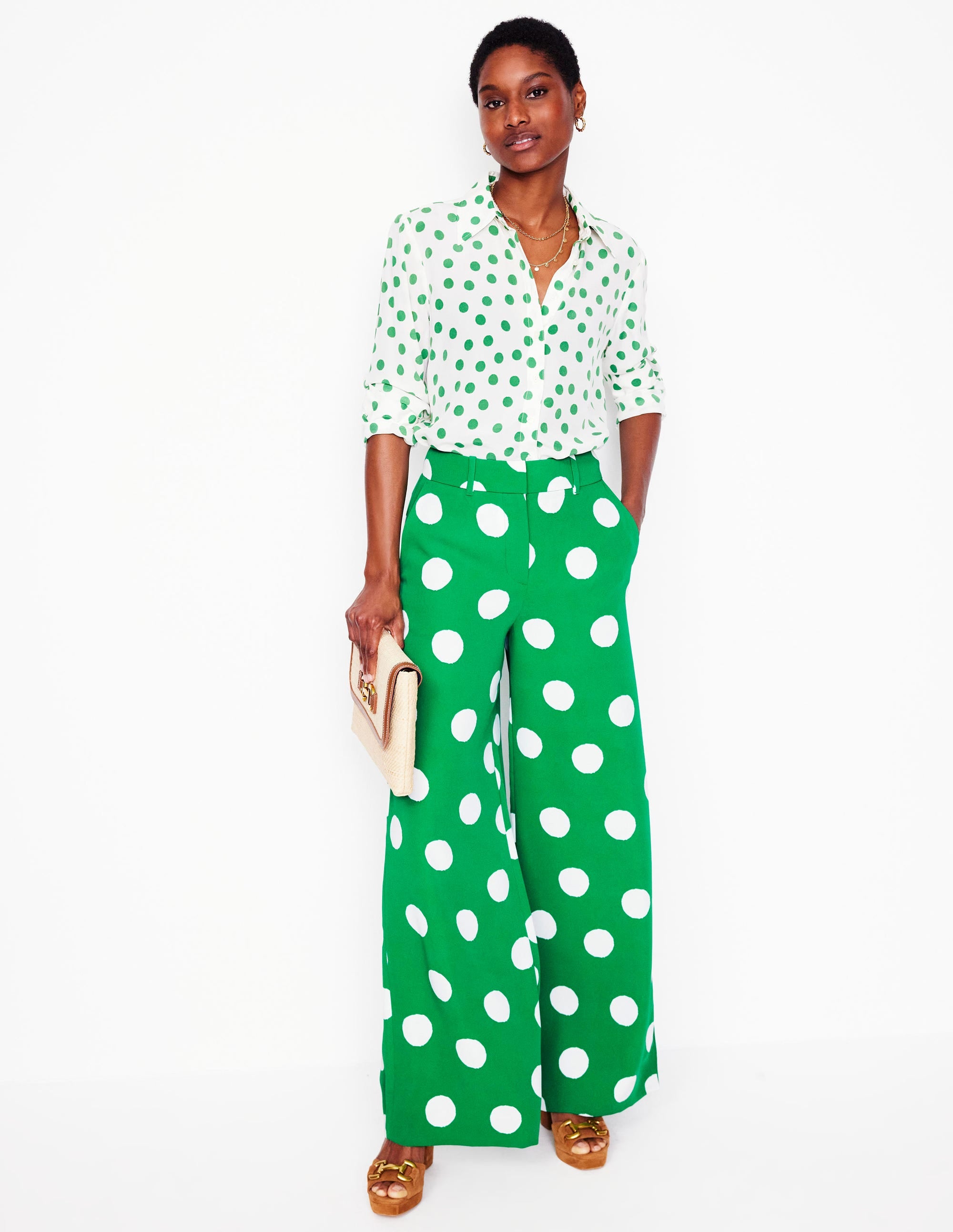 Pantalon large-Émeraude profond, pois abstraits - Image 1