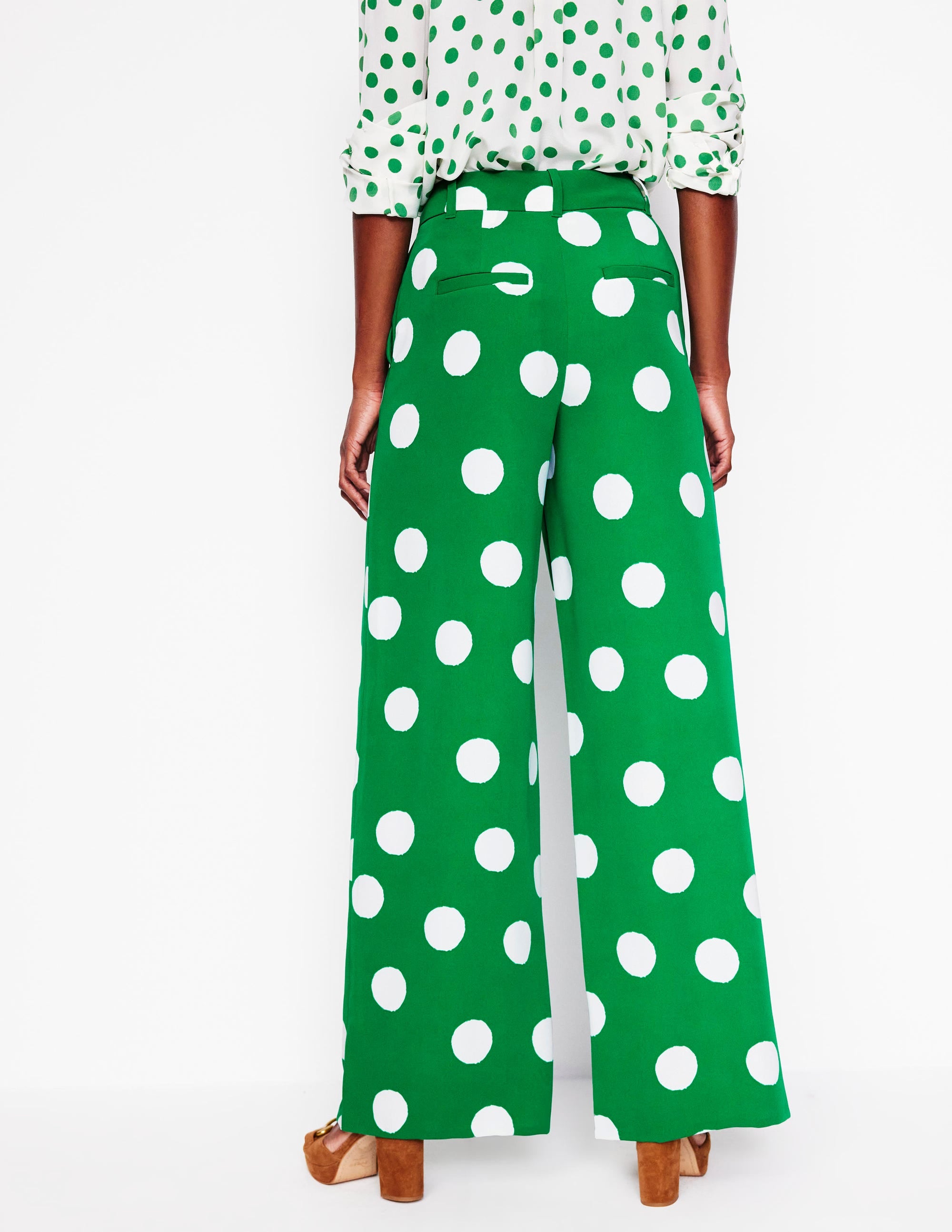 Pantalon large-Émeraude profond, pois abstraits - Image 4